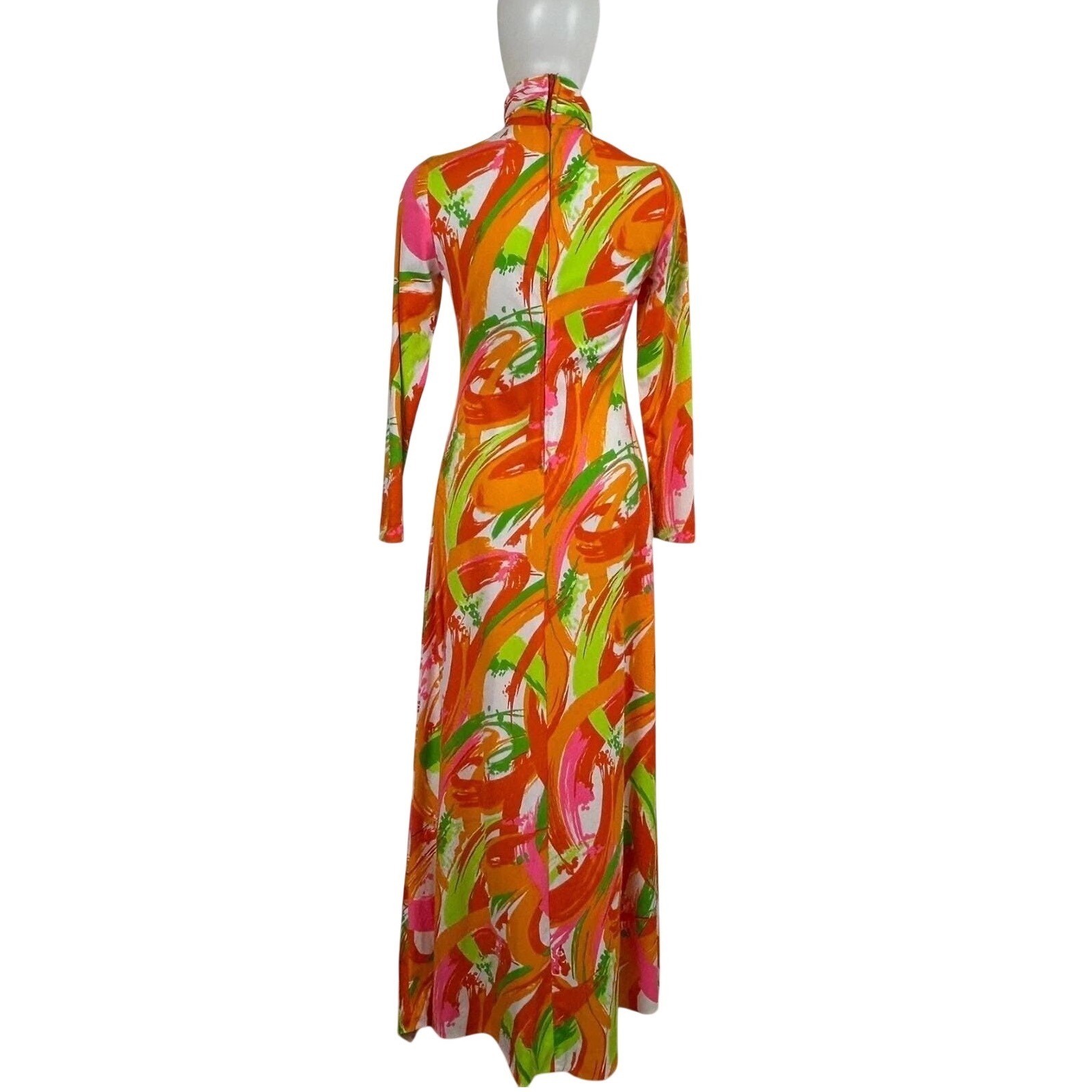 Vintage 70s Psychedelic Maxi Dress Multicolor Abstract Mock Neck Retro Mod