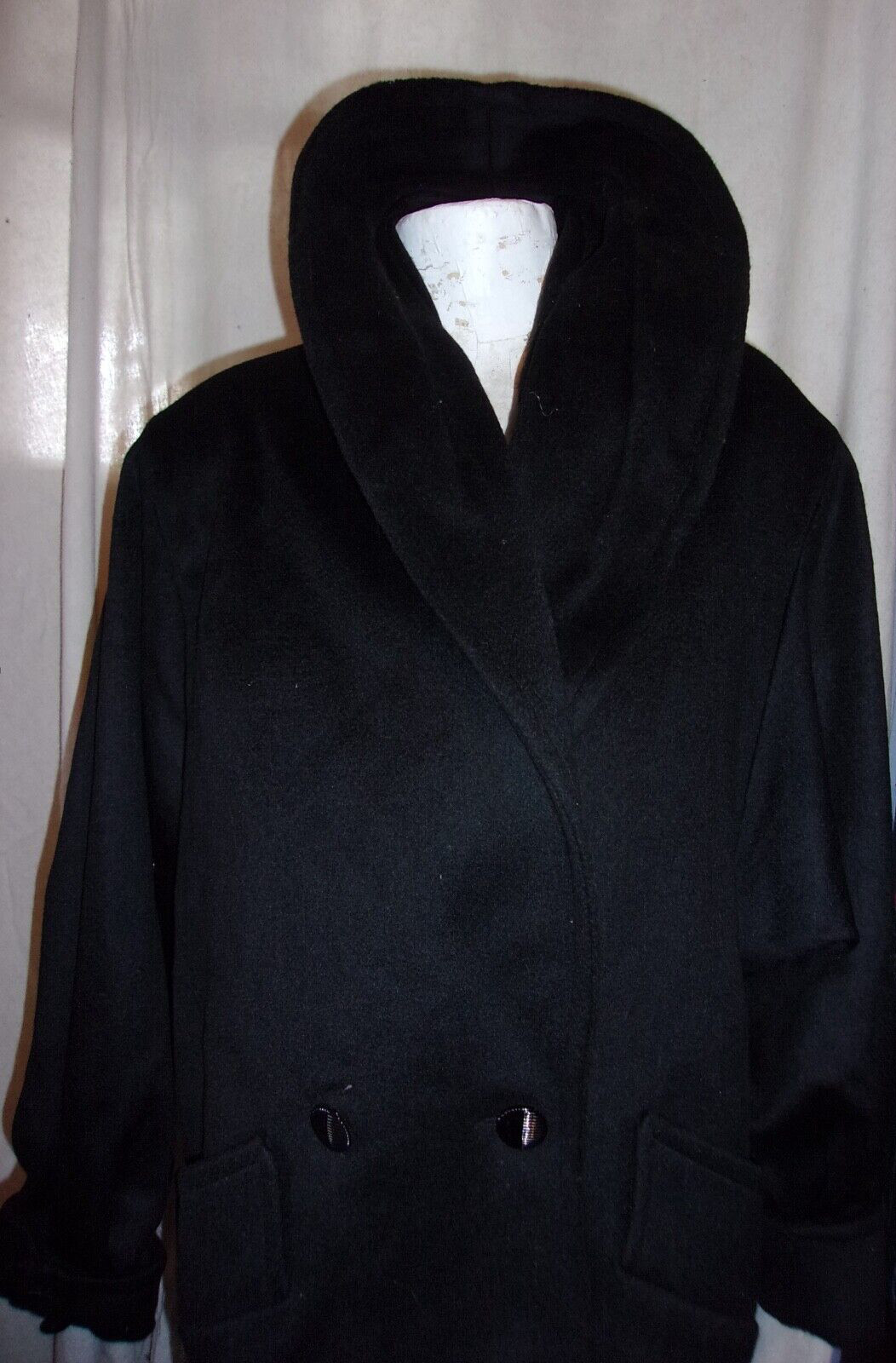 Vintage Womens Herman Kay Winter 3/4 Length Coat Wool Shawl Collar Double-Breast