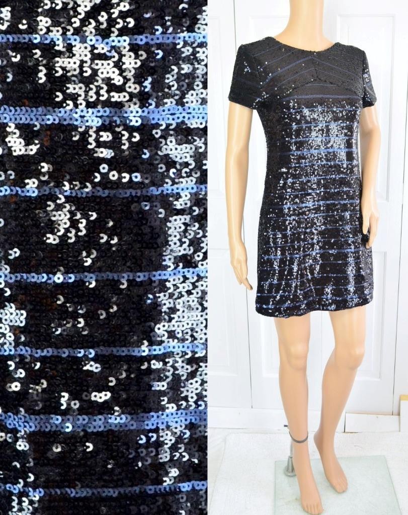 VTG 90s Mini Black Blue Sequin Scooped Back Gatsby Flapper Party Cocktail Dress