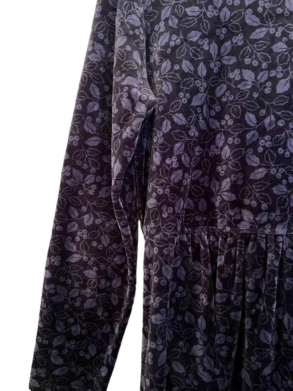 Vintage 90s LL Bean Dress Womens S/M Blue Floral Berries Pullover Midi Velour