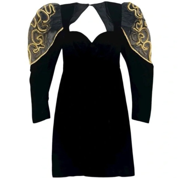 VTG Climax Karen Okada Velvet Party Dress Black Puff Sleeve Goth Whimsigoth 3/4