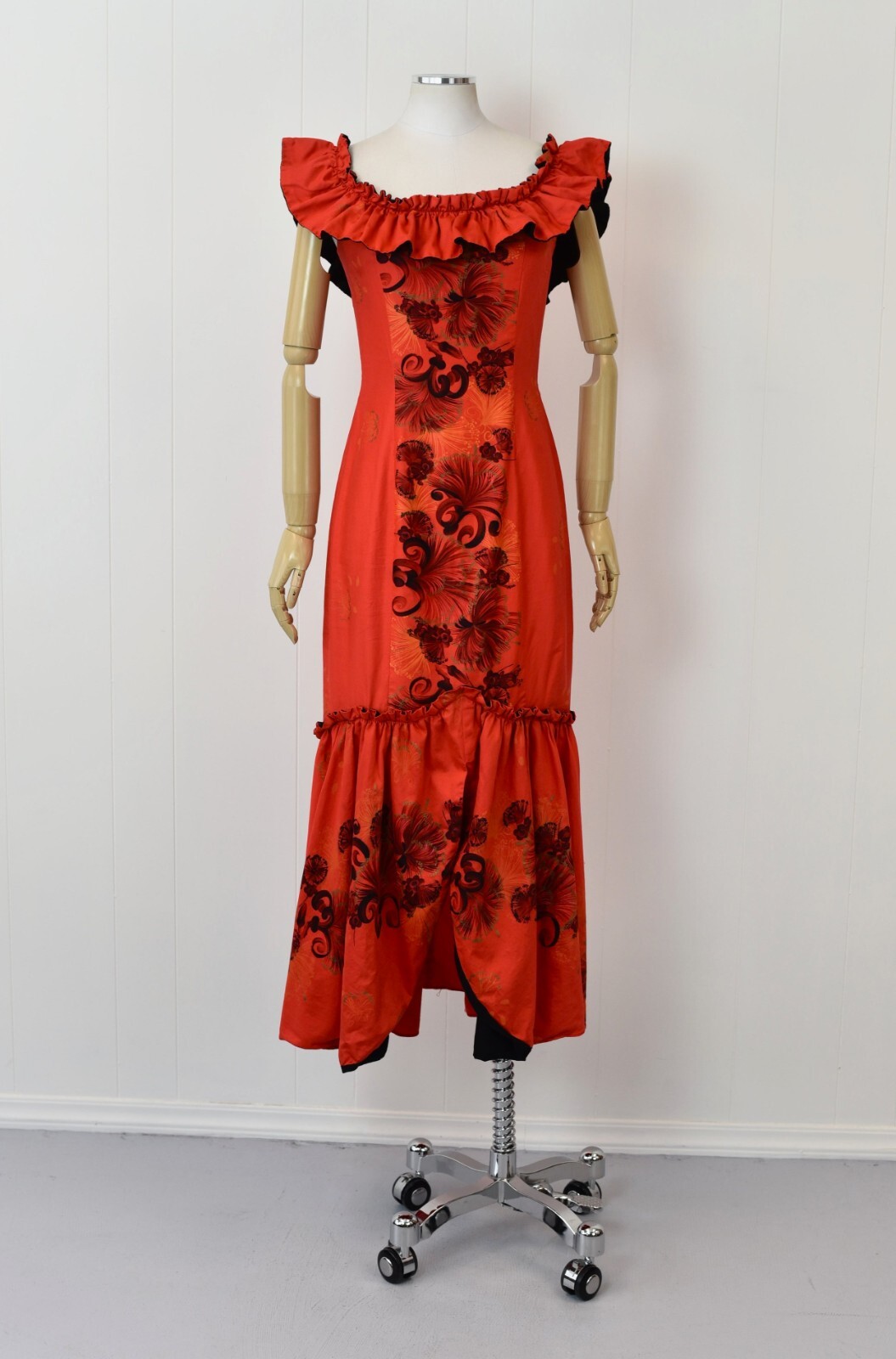 Vintage 1960s Red Floral Hawaiian Togs Ruffled Pinup Mermaid Maxi Dress Gown