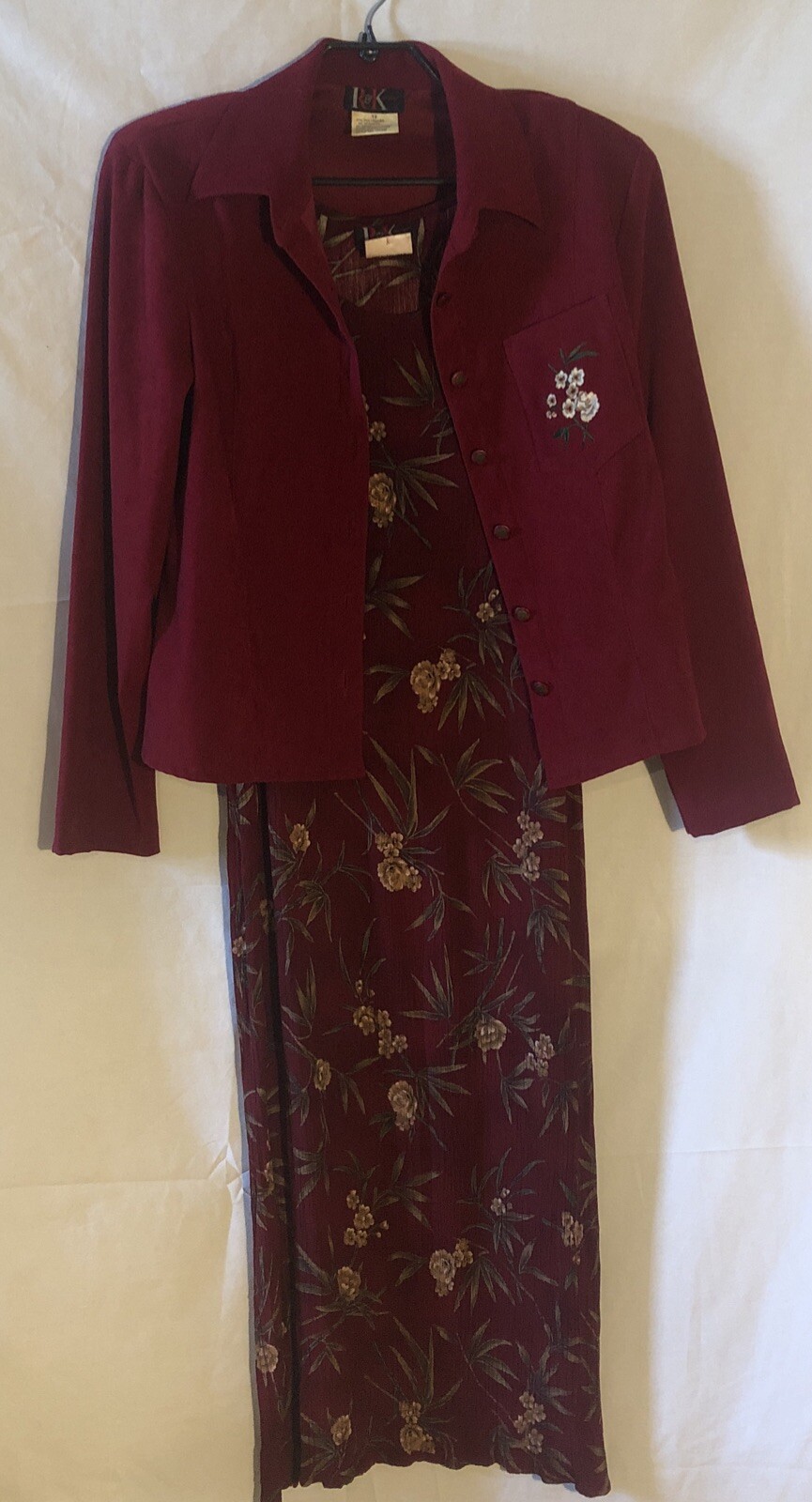 Vtg R & K Originals Women 12 2-Pc Red Floral Dress Faux Suede Jacket Embroidered