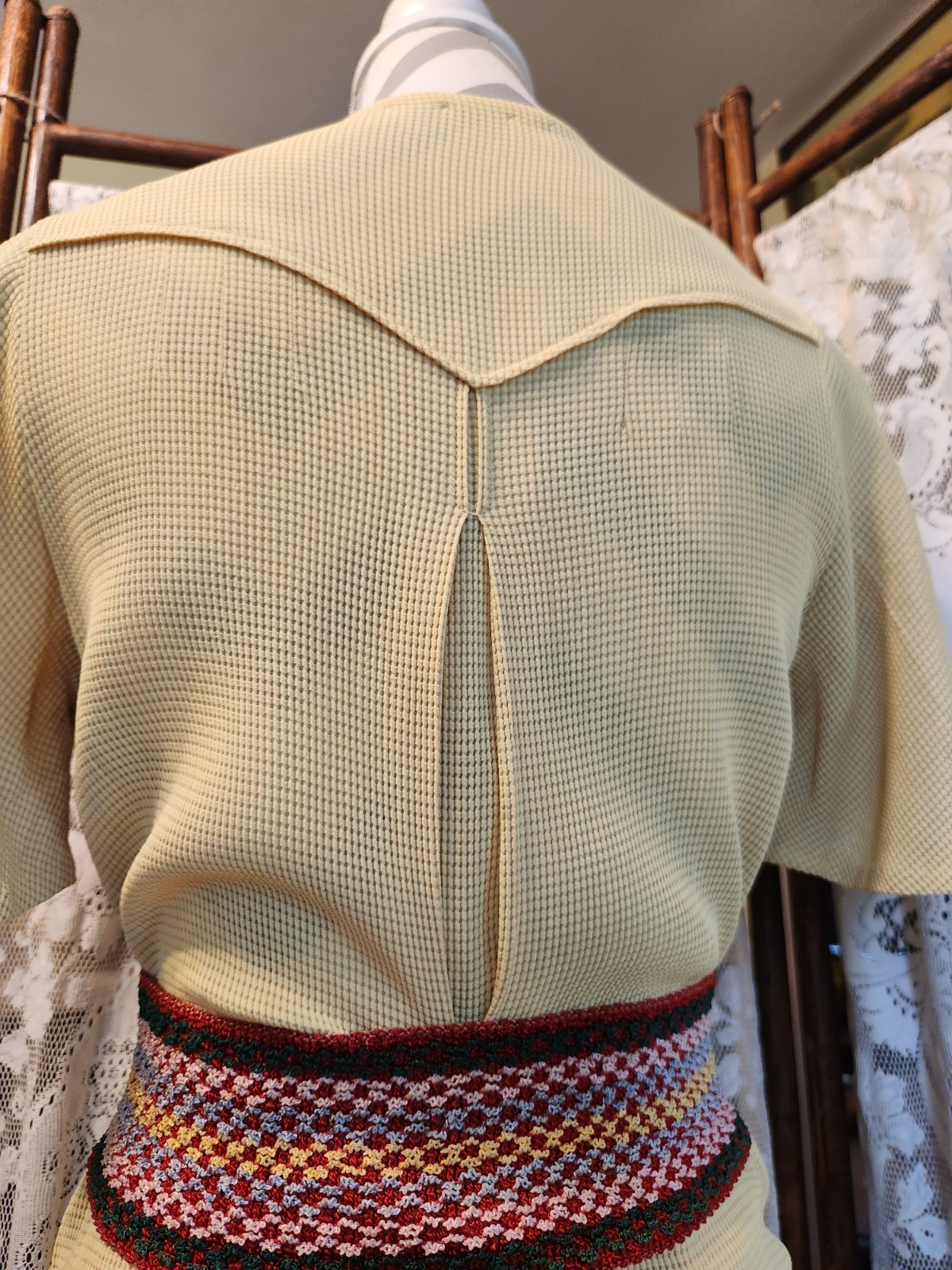 Vintage 1930s Yellow Waffle Knit Dress with Flutter Sleeves and Pockets
