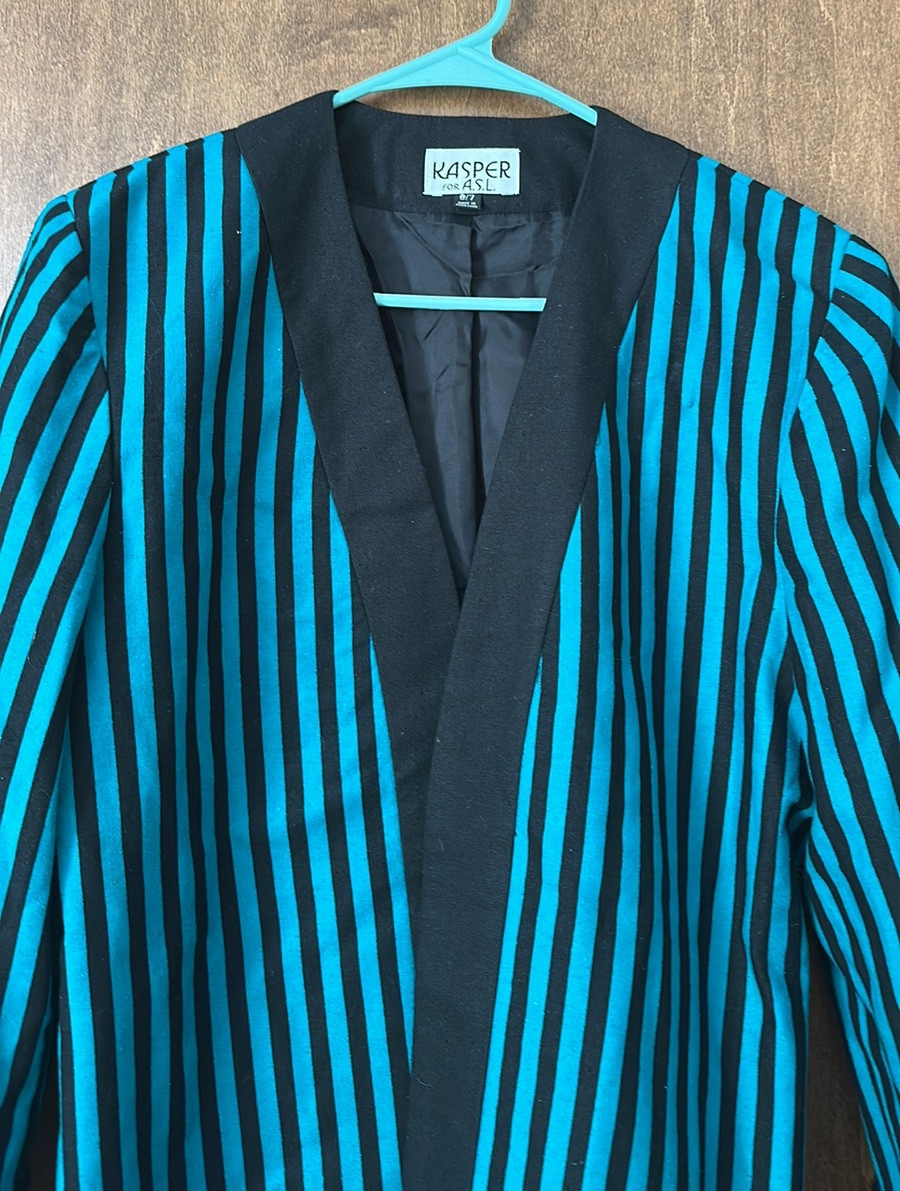 Vintage Kasper for A.S.L. 100%Silk Striped Teal & Black Dress with Matching Coat