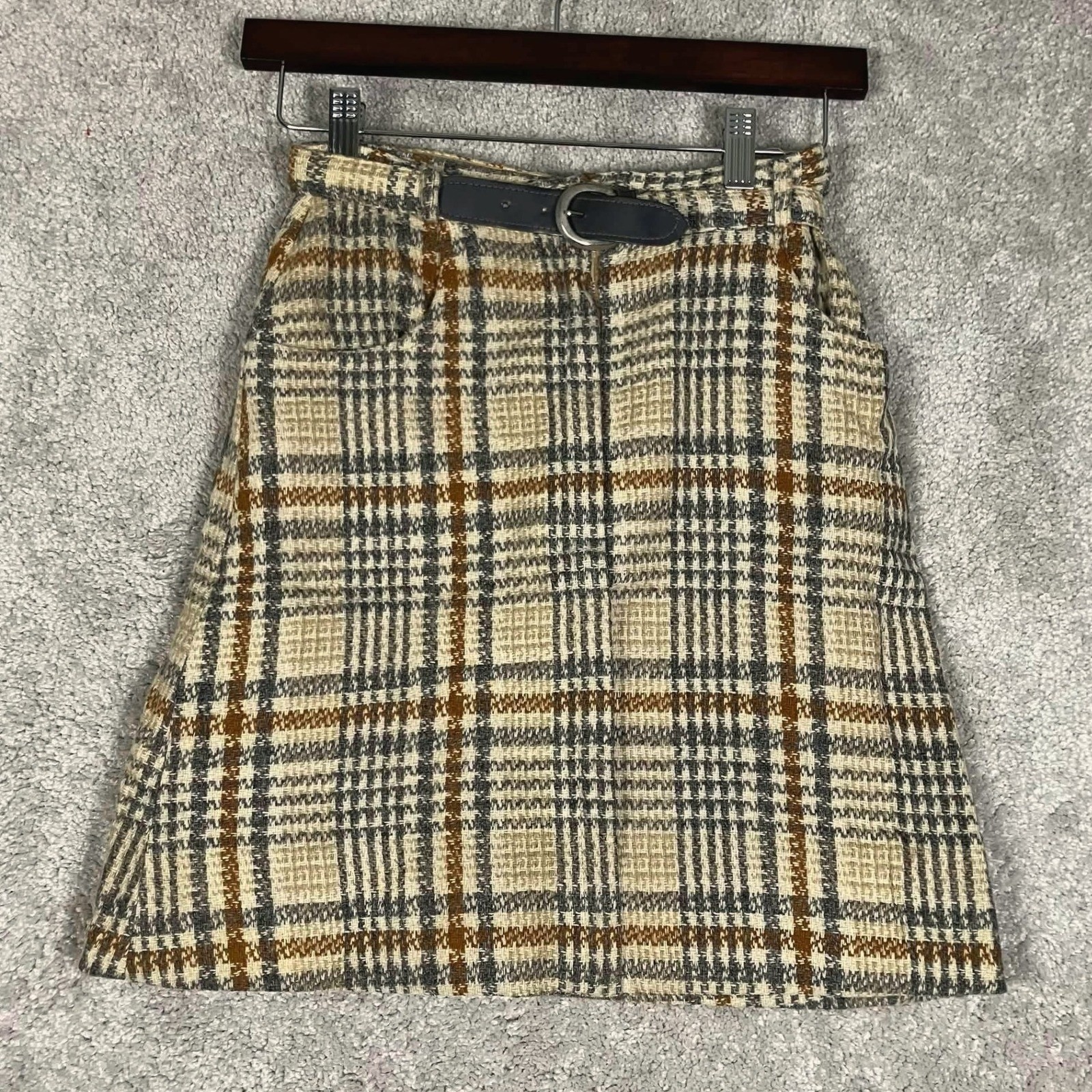 Vintage 60s Pandora Costume Maker Plaid Wool Blend Skirt Union Made Brown Grey