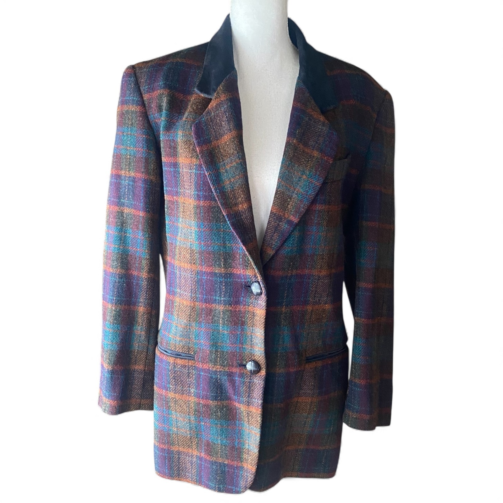 VTG 90s Colorful Plaid Wool Oversized Blazer S Leather Collar Maurices academia