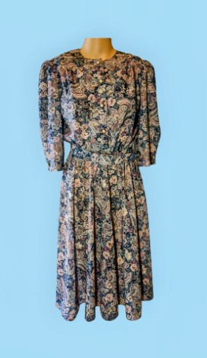 CALIFORNIA LOOKS Vintage Floral MAUVE Navy Puff Sleeve Dress MODEST 6 Petite