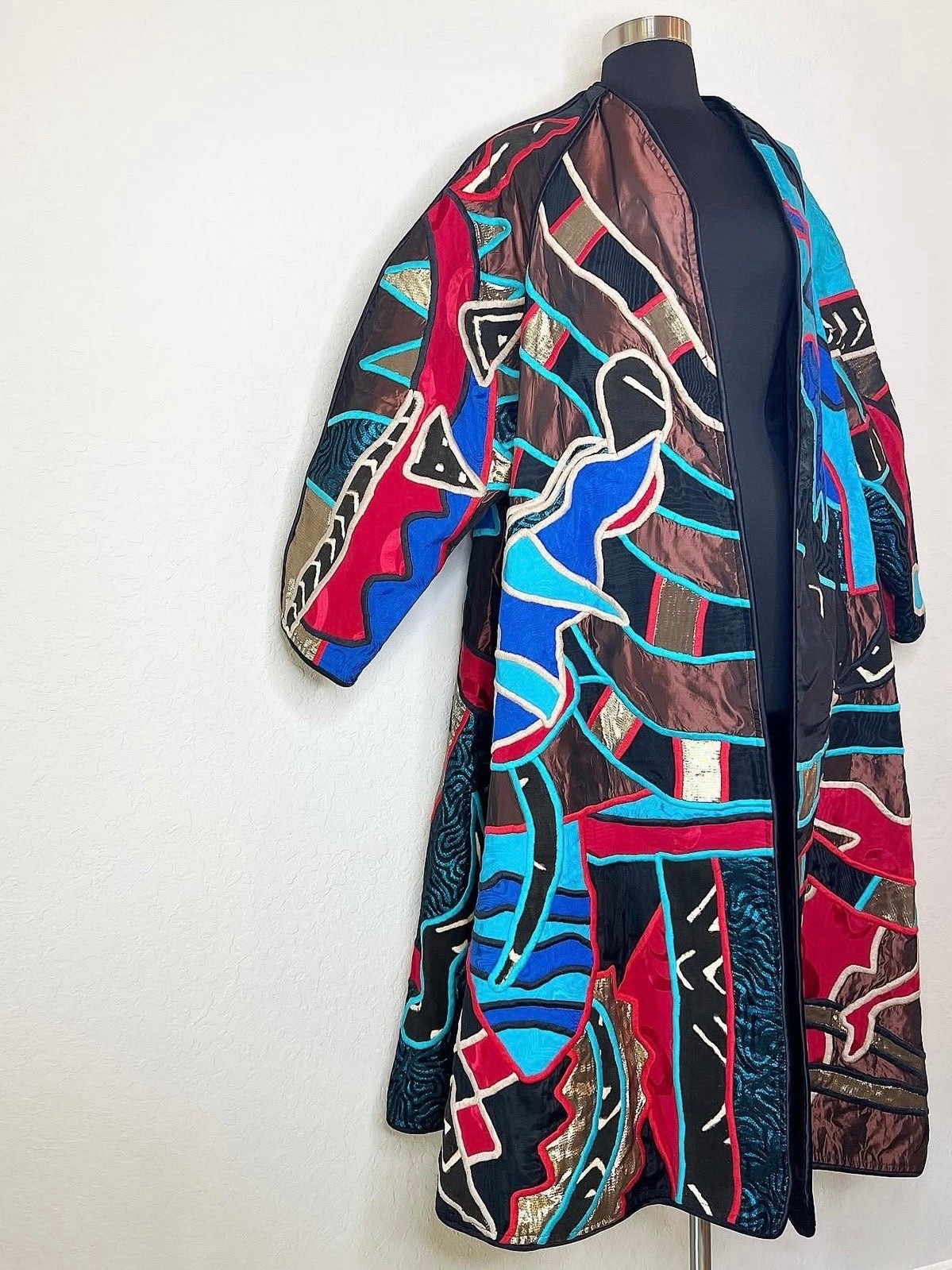 Vintage 80s Judith Roberts Patchwork Mermaid Embroidered Mudcloth Long Coat
