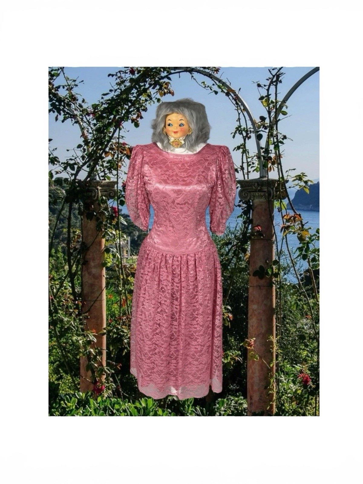 VINTAGE 1980s PRETTY PINK LACE NEW WAVE PUFF SLEEVE PROM PARTY DRESS VICTORIAN