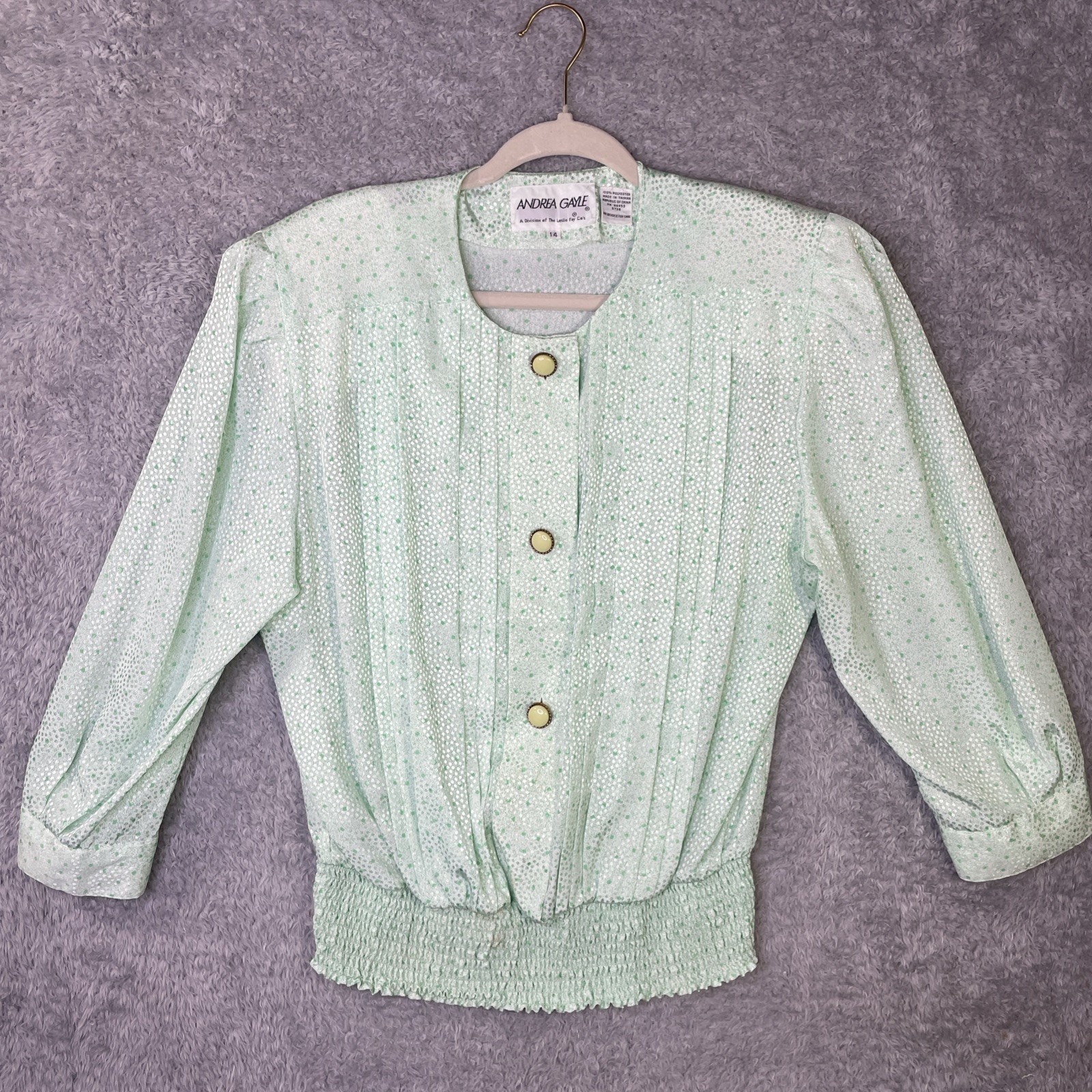 Vintage Andrea Gayle Floral Pearl Button Green Blouse With Shoulder Pads Sz14