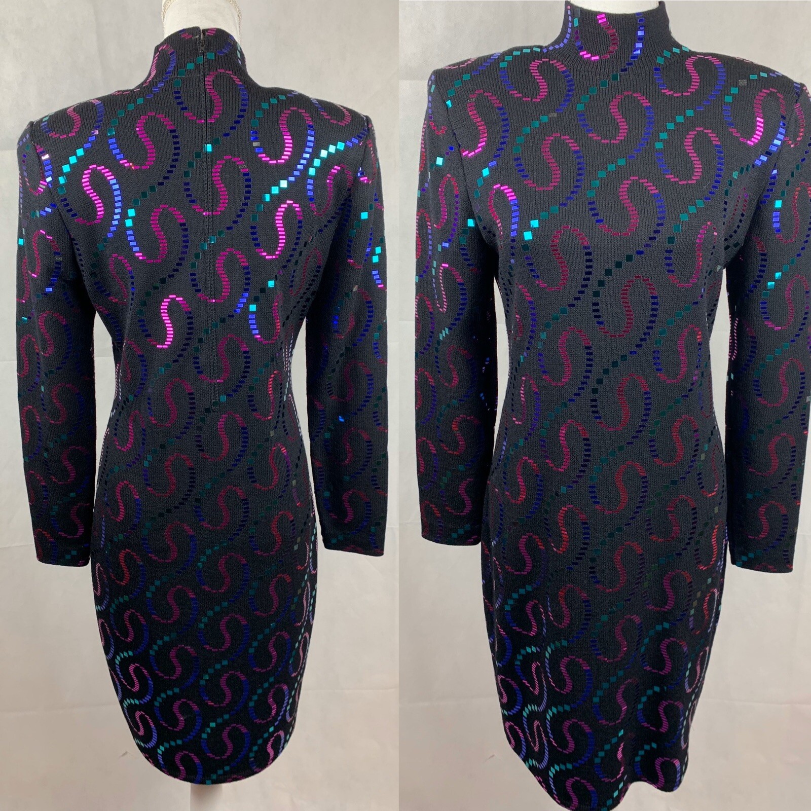 ST. JOHN Black Knit Neon Pink Purple Green Paillette Sequin Knit Dress 8 Glamour