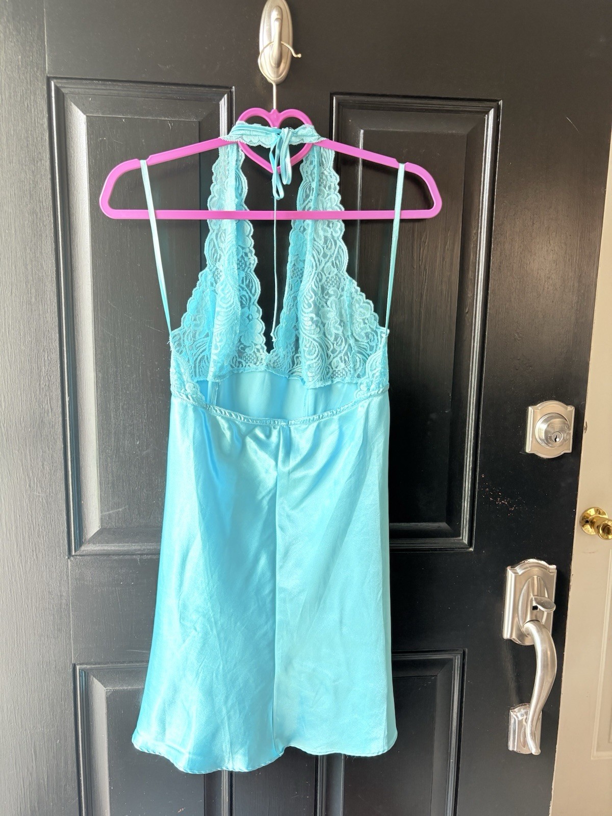 VTG Frederick’s of Hollywood Blue Satin Lace Dress Lingerie Size L Sexy Backless