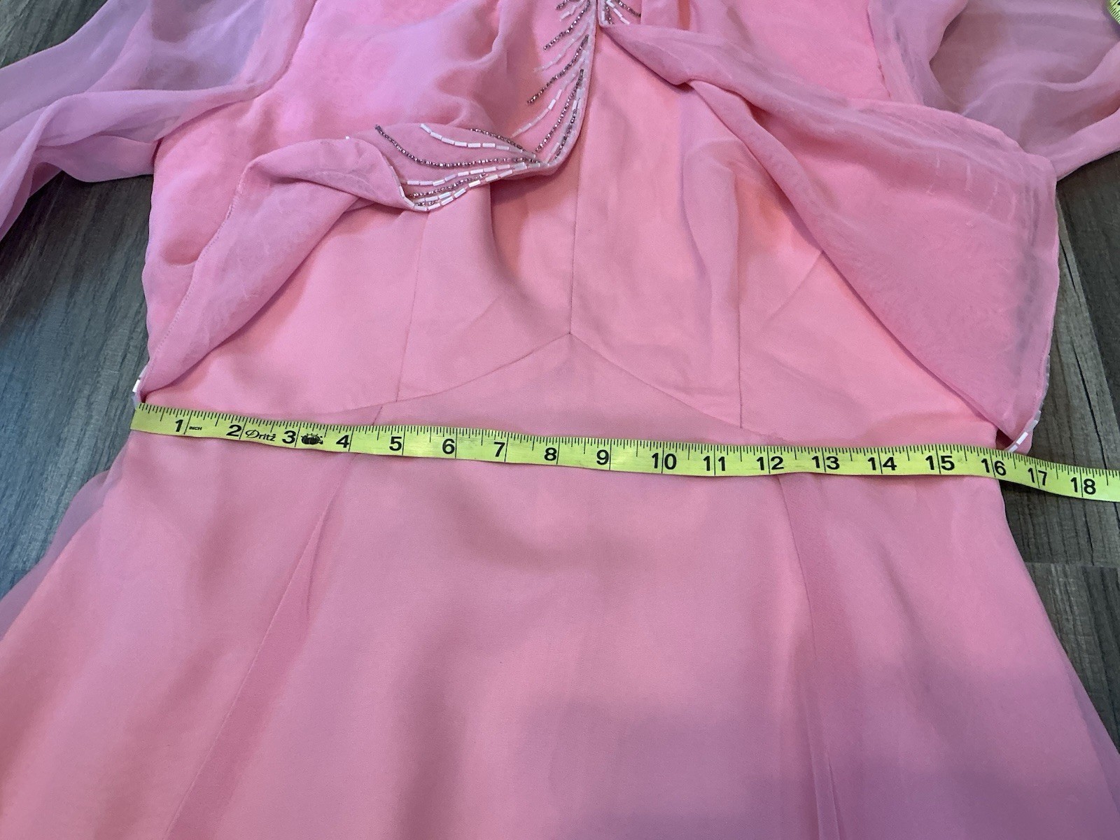 VTG 70’s Elgin Maxi Gown Dress Pink Chiffon Beadwork 5 Victorian Regencycore USA
