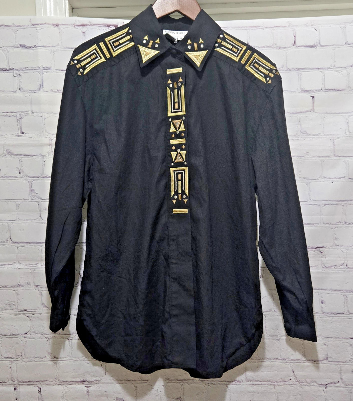 Regina Porter Womens XS Vintage Blouse Black With Metallic Aztec Geometric 80s