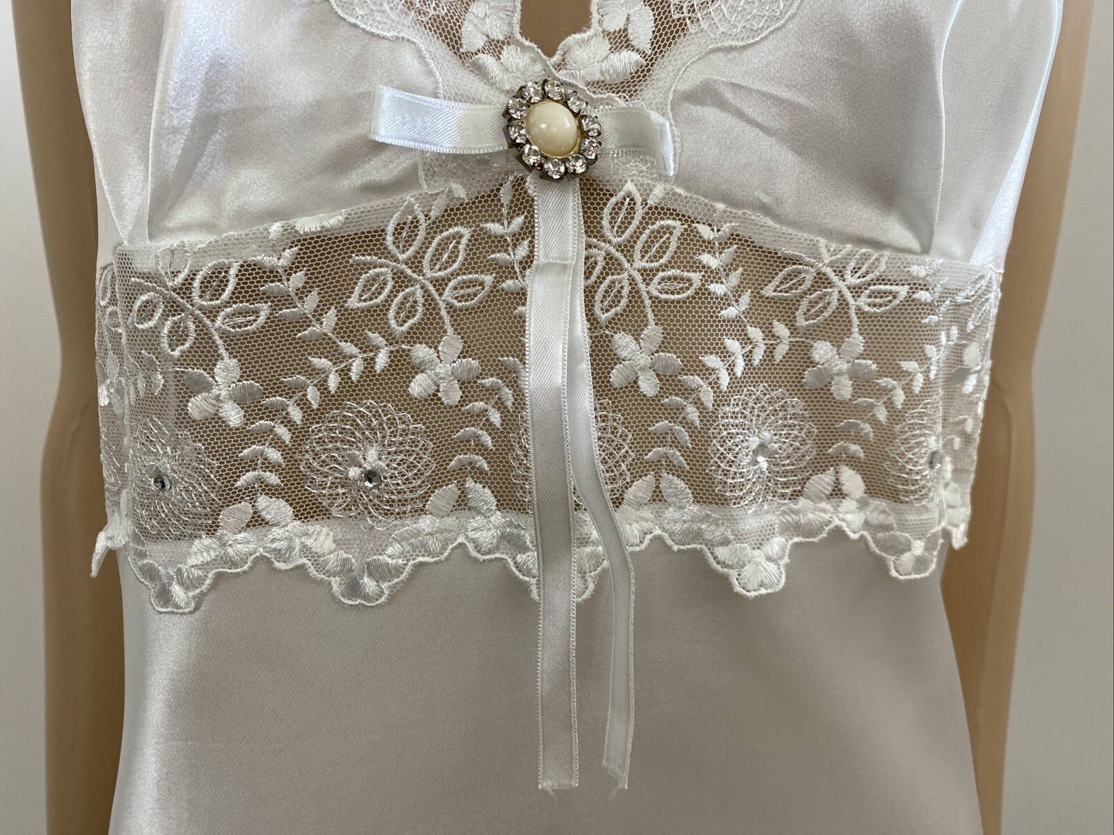 Vintage Espaur XXS-XS / 6-8 Bridal Nightie Negligee Set White Satin Floral Lace