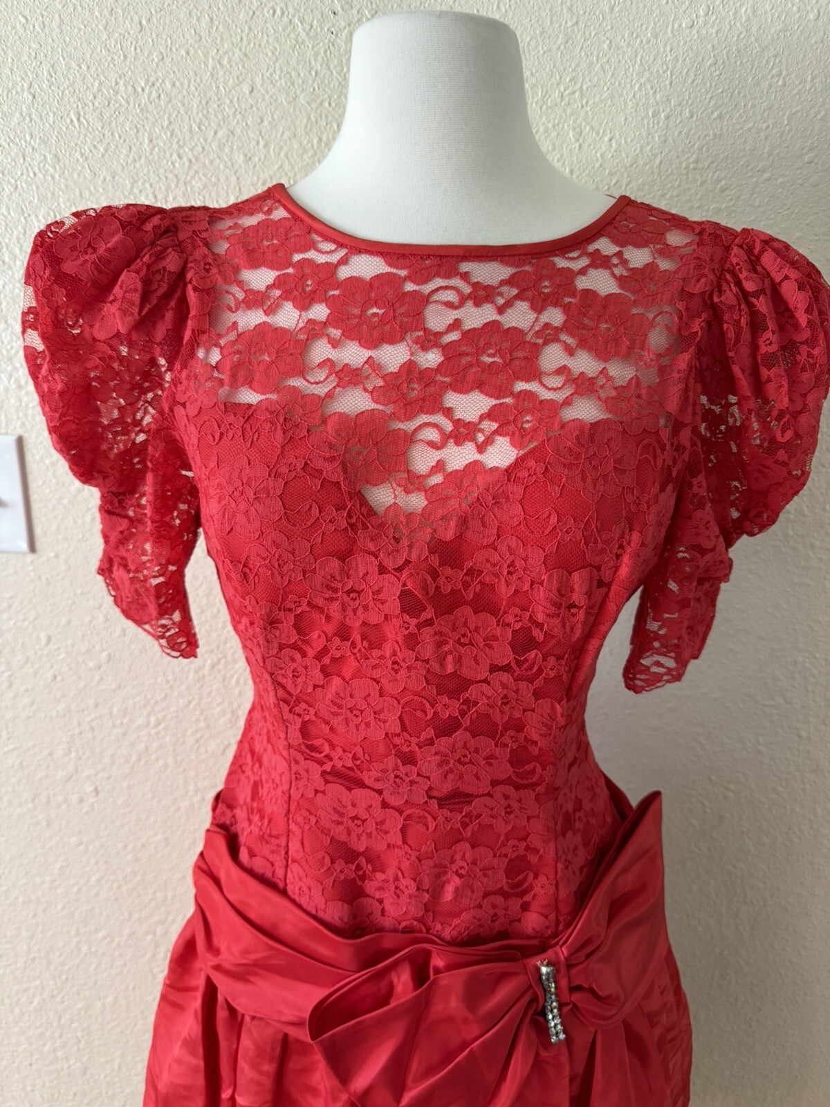 Vintage 80’s Red Lace Prom Dress Lydia Beetlejuice Size M Bow Rhinestone