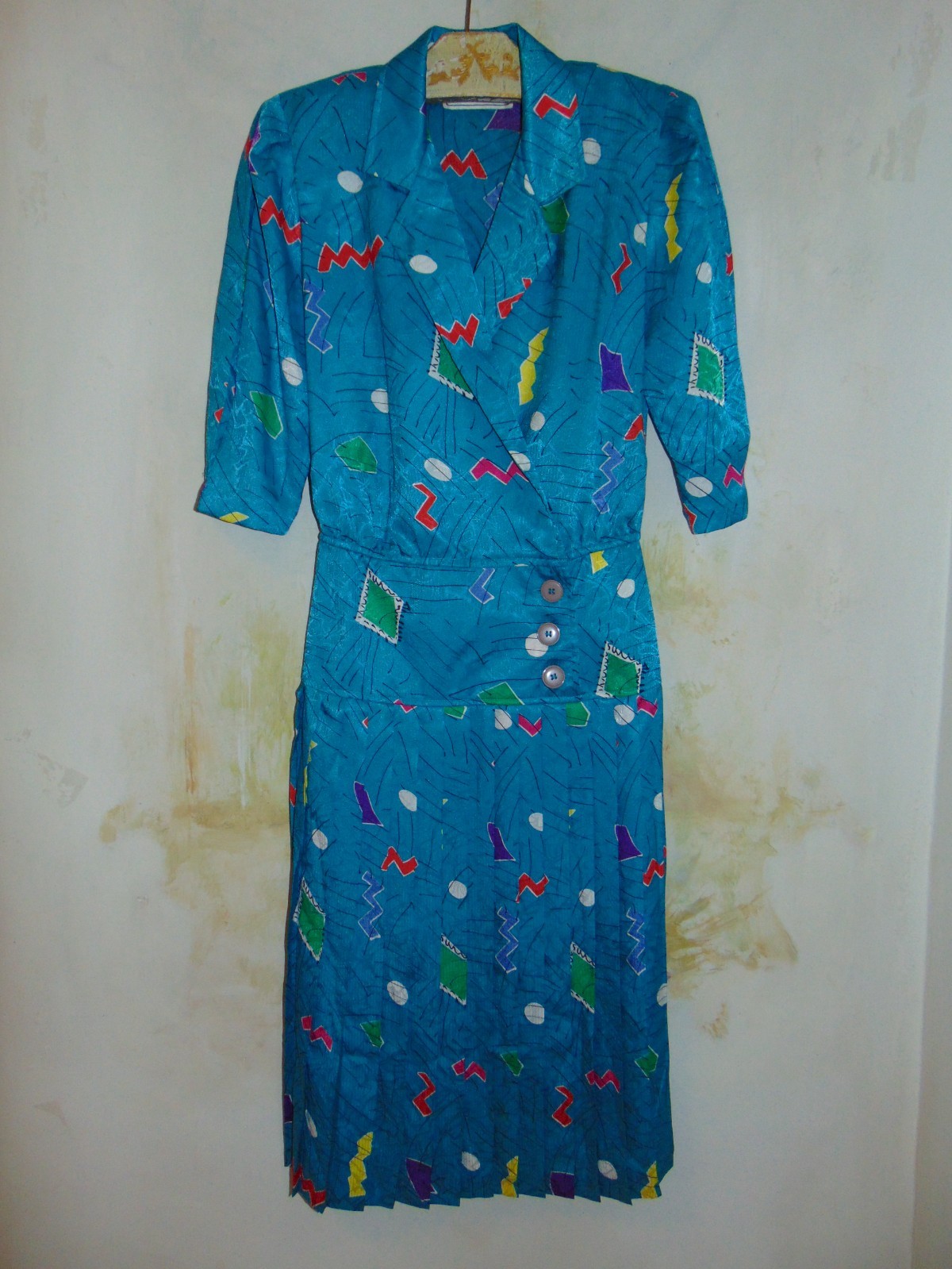 Vintage 80’s La Petite Connection Knee Length Midi Blue Geometric Pleated Dress