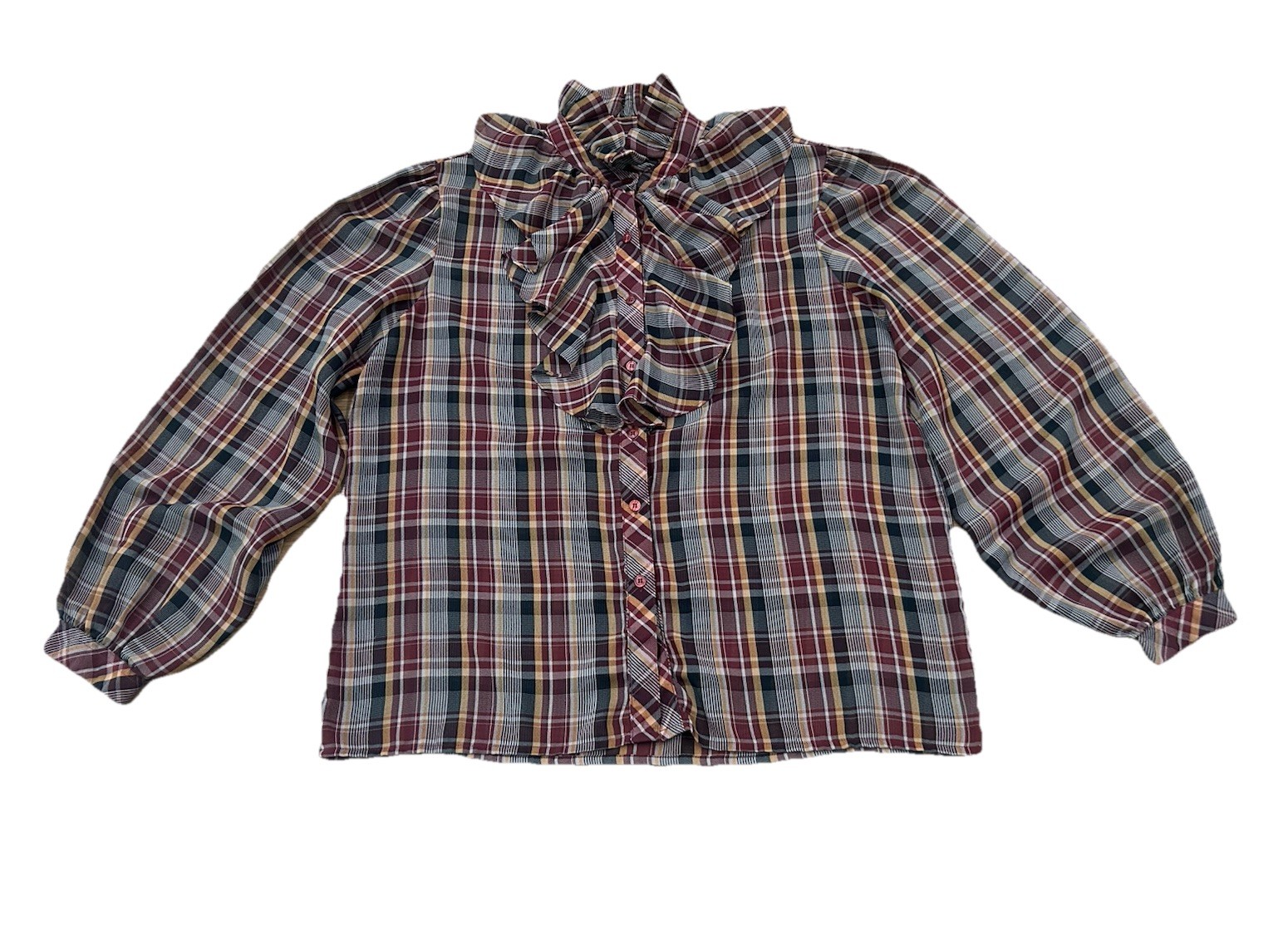 COQUETTE PRAIRIE PLAID RUFFLE BOW BLOUSE Vintage 70s Secretary Poet Top Sheer 40