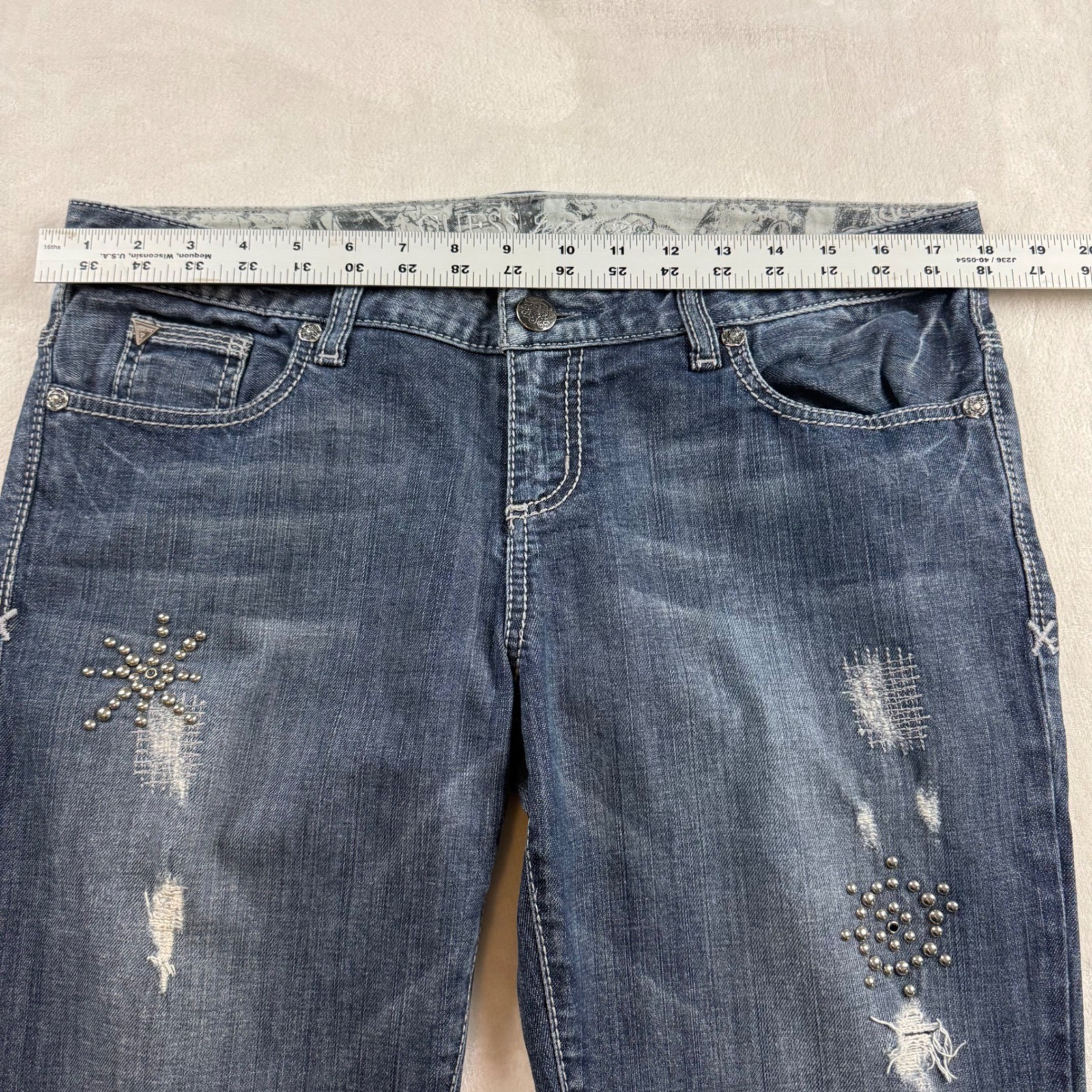 Vintage Guess Bootcut Jeans Womens 32 Blue Distressed Studded Pocket Y2K Indie