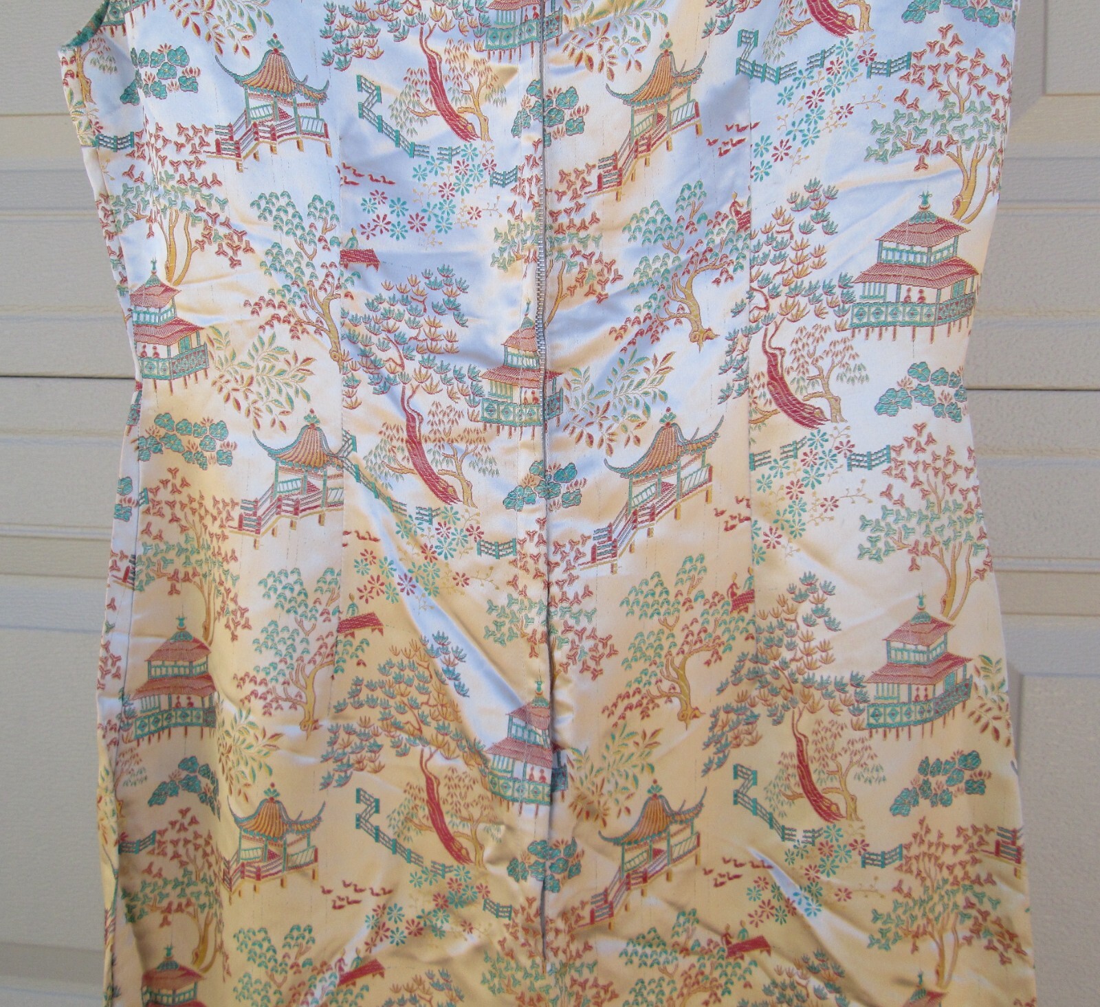 Asian Silky Cocktail Dress Peach Red Yellow Turquoise Blue Landscape Vintage