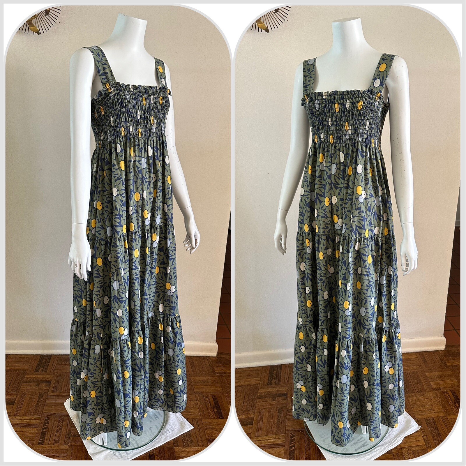 1970s Olive Print Smocked Maxi Dress Cotton Blend Hostess Resort Sundress OS VTG