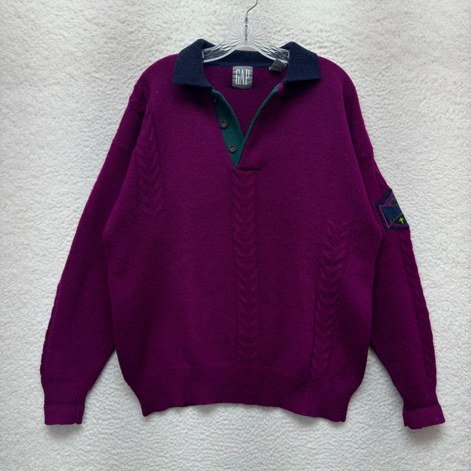 80s 90s Gap Wool Sweater Large Retro Rugby Color Block Henley Cable Knit Fuschia