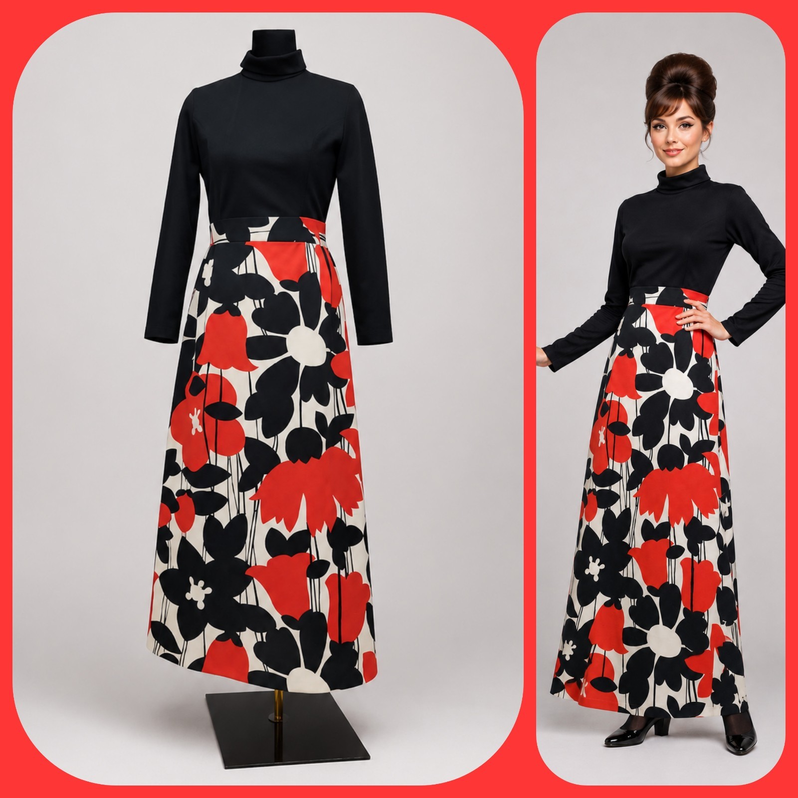VTG 60s Mod Go-Go Hostess Maxi Dress Graphic Floral Black Red White Polyester