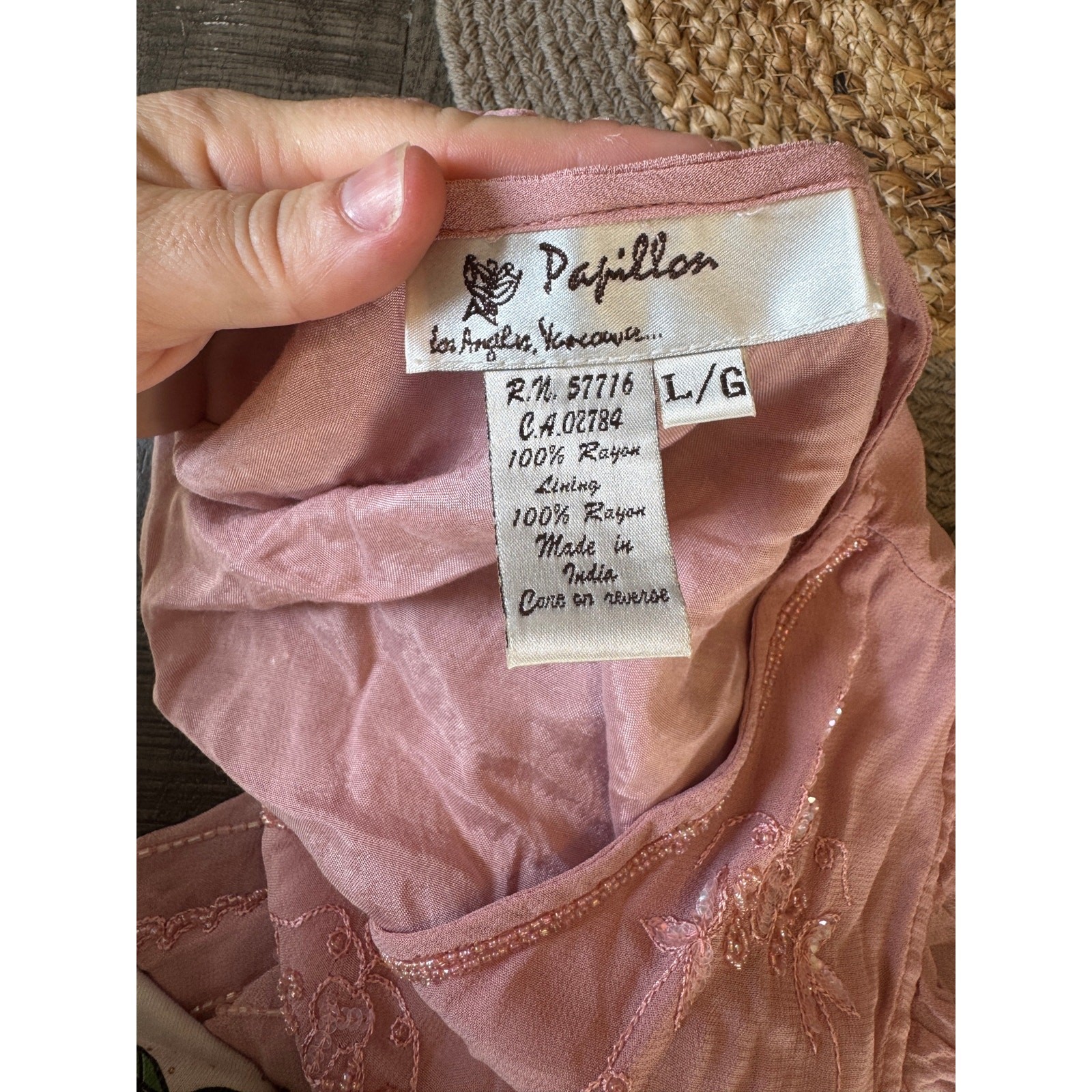 Vtg Y2K Papillon Dress L Pink Beaded Sequin Flutter Sleeve Midi Handkerchief