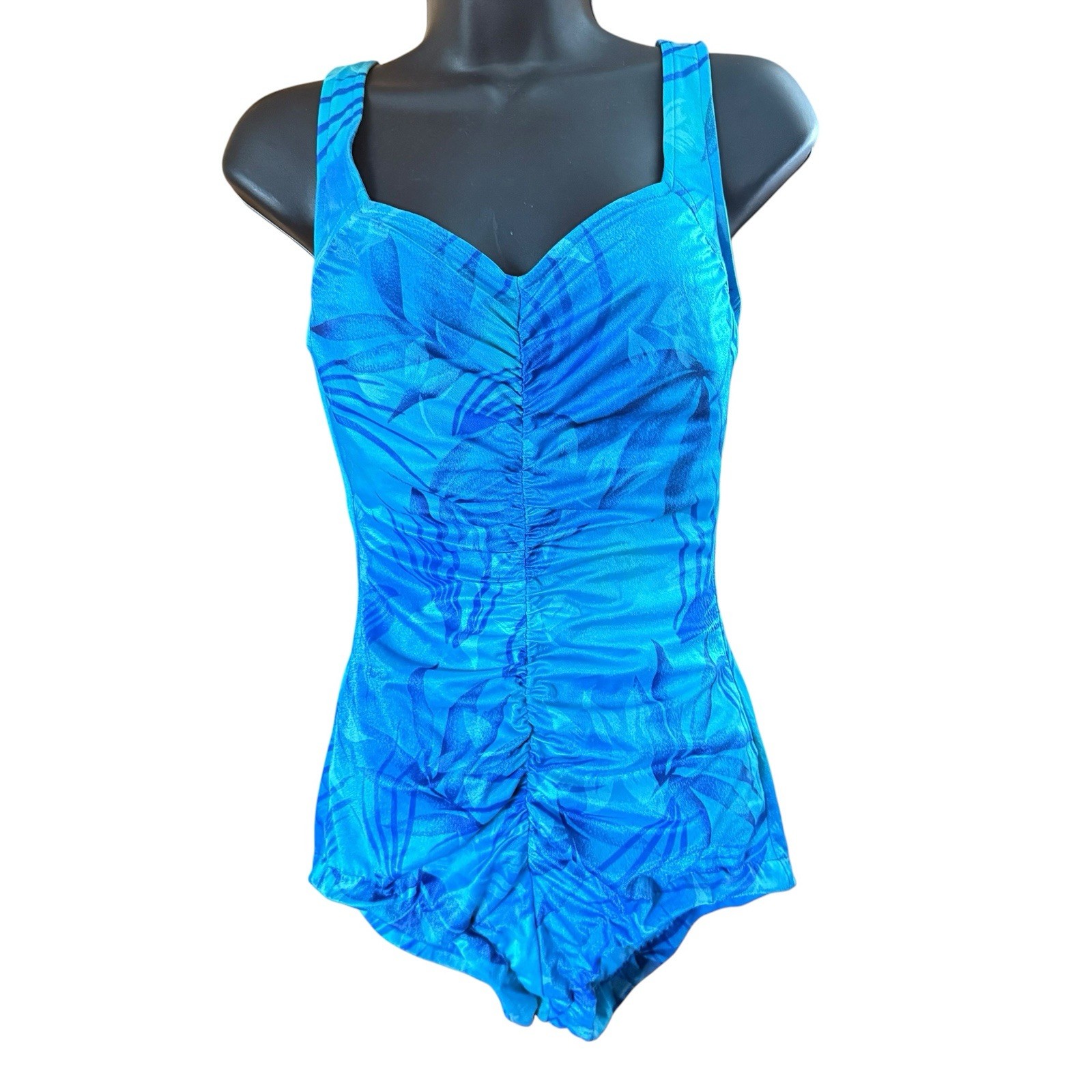 Vintage Maxine of Hollywood One Piece Swimsuit 12 Ruched Blue Palm Leaf 90s