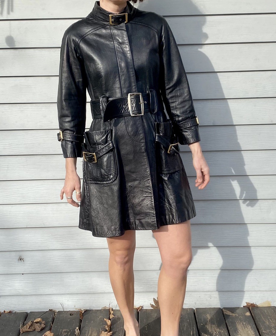 Vintage 70s Black Leather Belted Trench Coat made in Israel designer