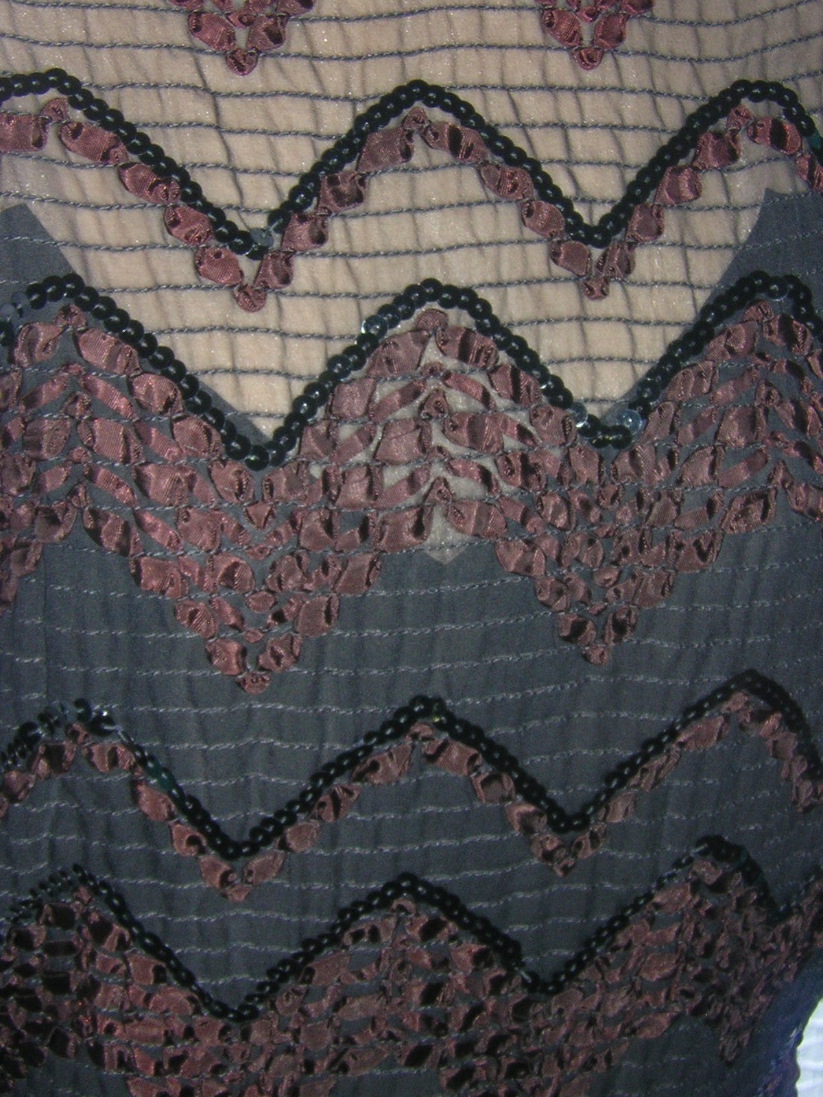 GORGEOUS Vintage 50’s Black SHEER Chevron SEQUINED & Ribbon Embroidered TOP L