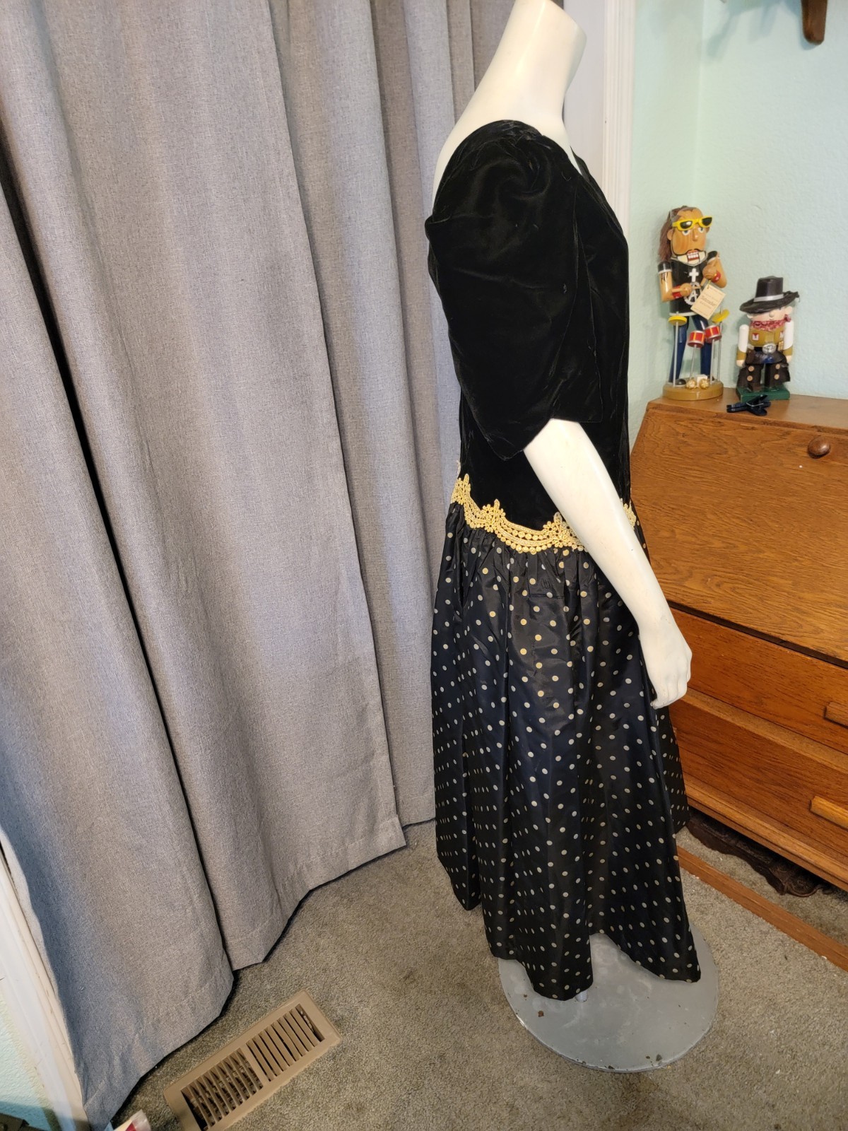 Vtg 80s Fairygoth Expo Night Black Velvet Gold Polka Dot Taffeta Festival Sz 14