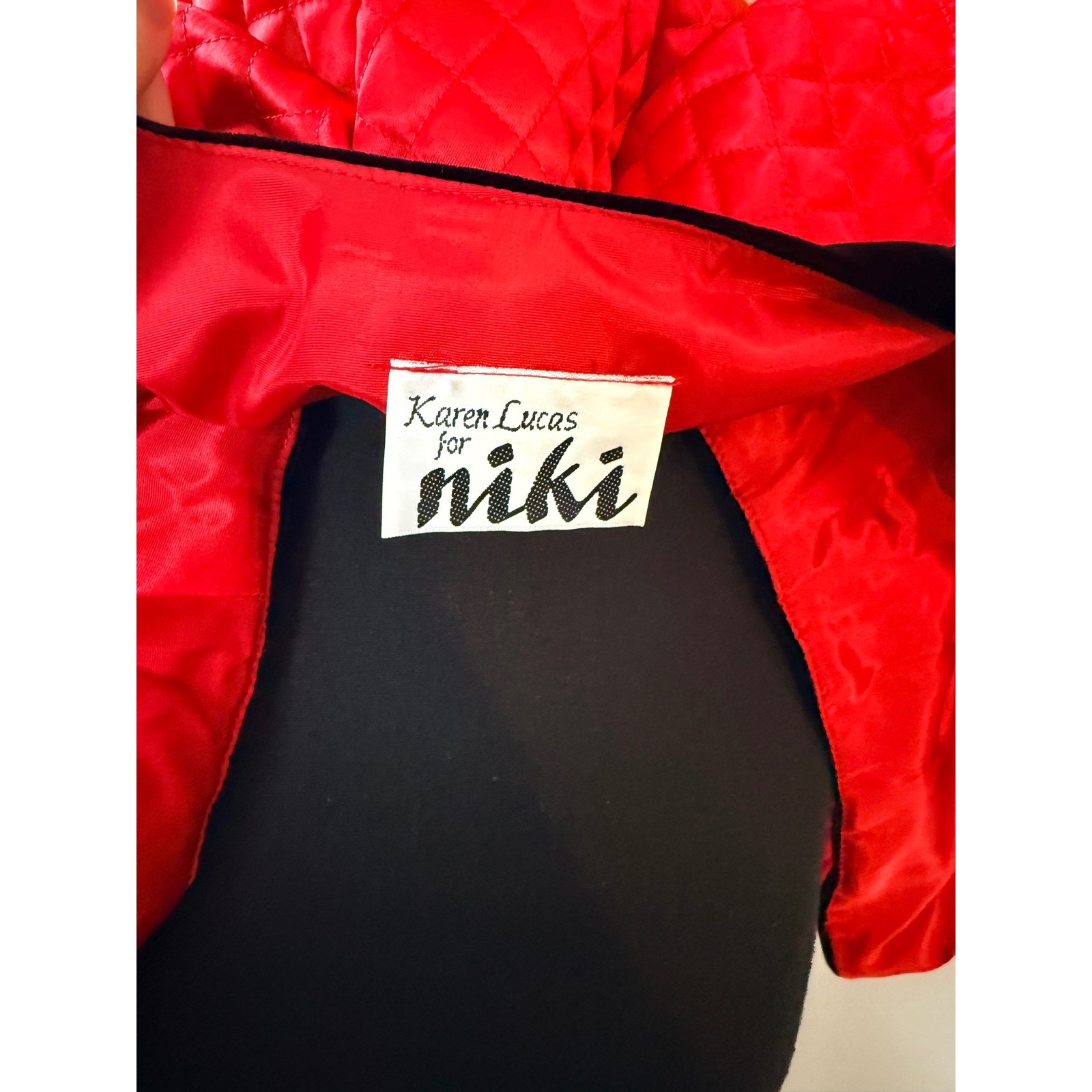 Vintage 80s Karen Lucas for Niki Red Quilted Velvet Trim Cropped Jacket Size M/L
