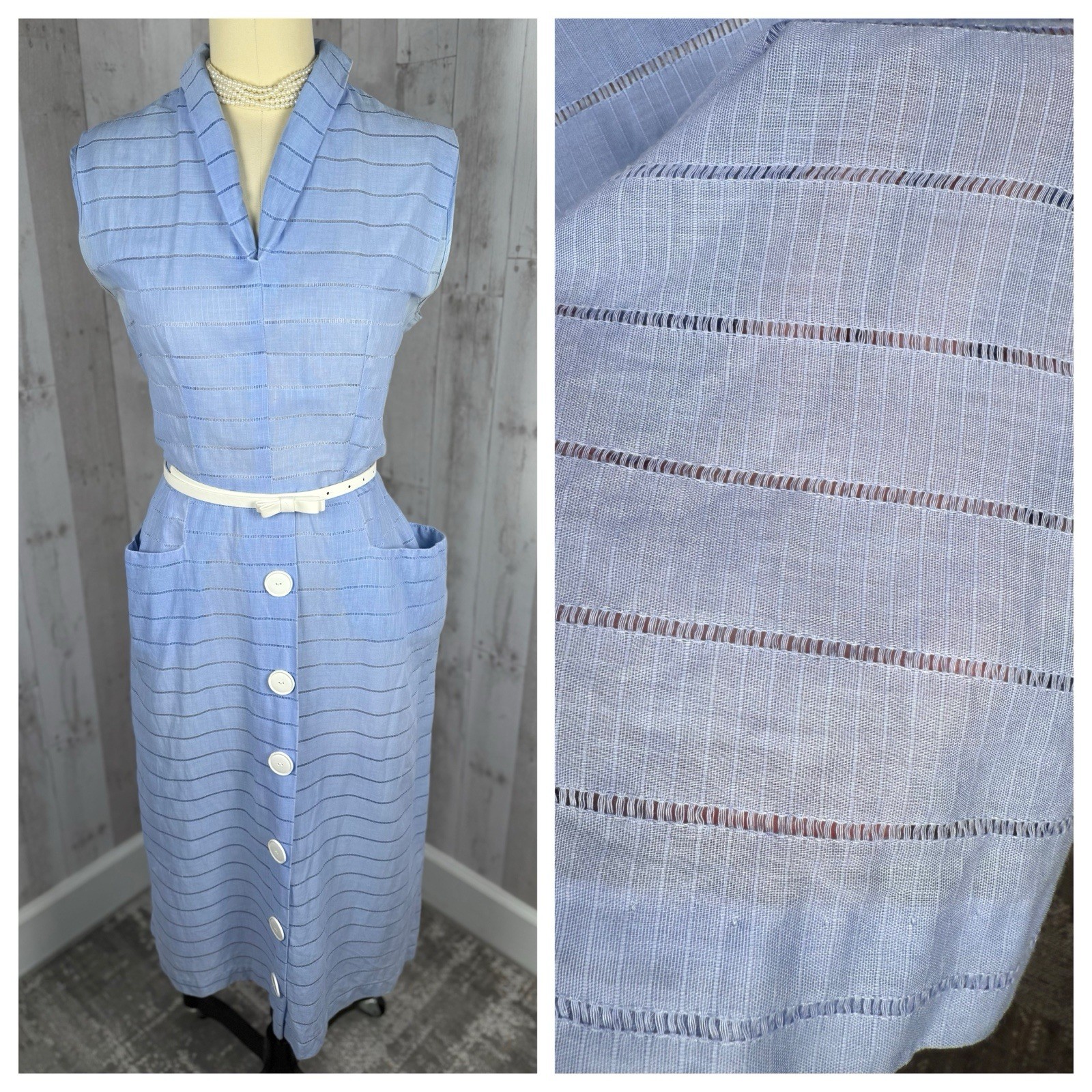 Vintage 1940s DRESS Frock Cotton Day DRESS Pale Blue Retro Pinup WWII S/M