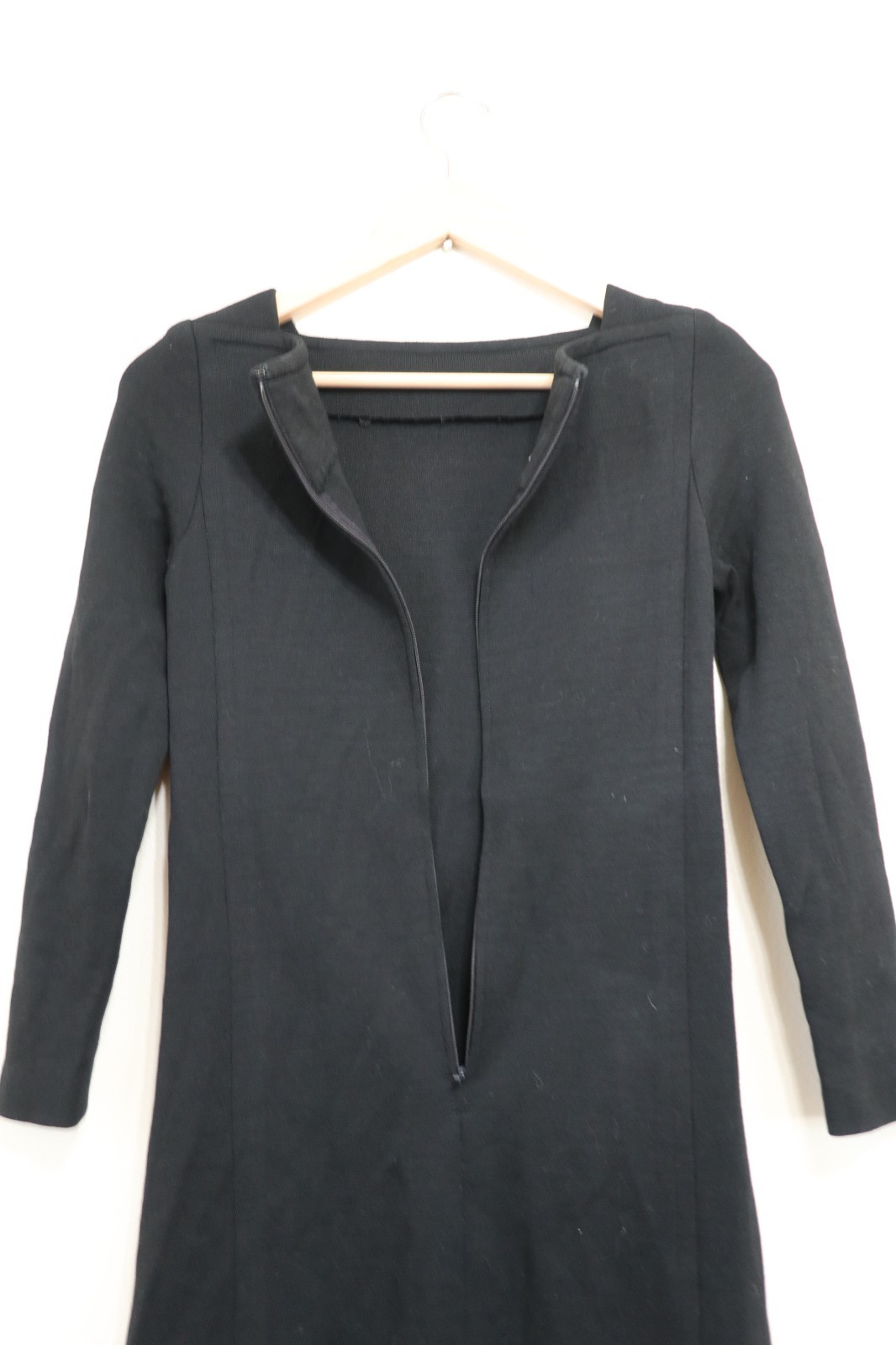 60s Vintage Black Knit Jersey Square Neck Long Sleeve Slim Shift Dress Women XS