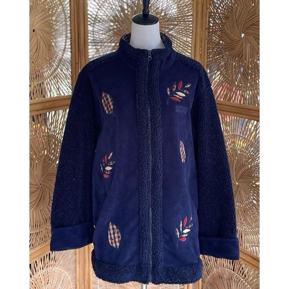 Vintage Northern Reflections Navy Blue Fleece Embroidered Plaid Leaves Jacket L