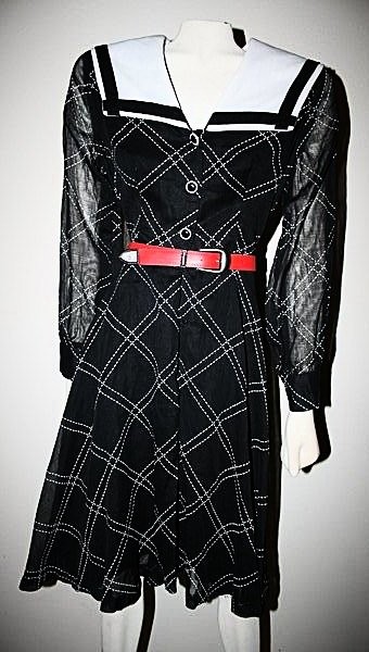 1960s Vintage Black & White Print Shirtwaist Dress w/ Wide Collar Sz 10
