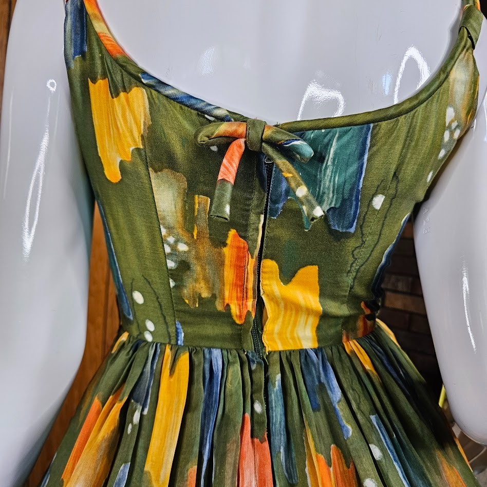 Vtg 50s Novelty Olive Paint Splatter Voile Circle Skirt Party Prom Dress XS/S P
