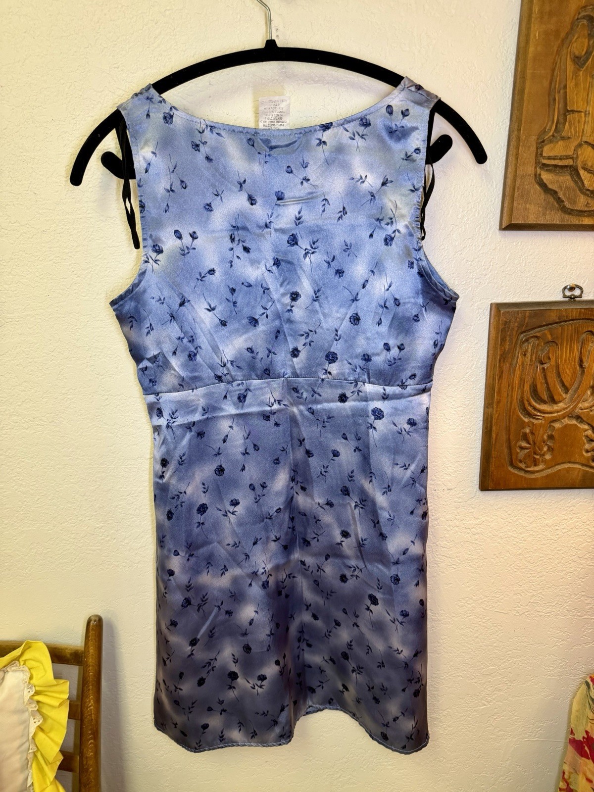 VTG Y2K 90s Cottage Romantic Blue Floral Satin Empire Bust Sleeveless Dress 5/6
