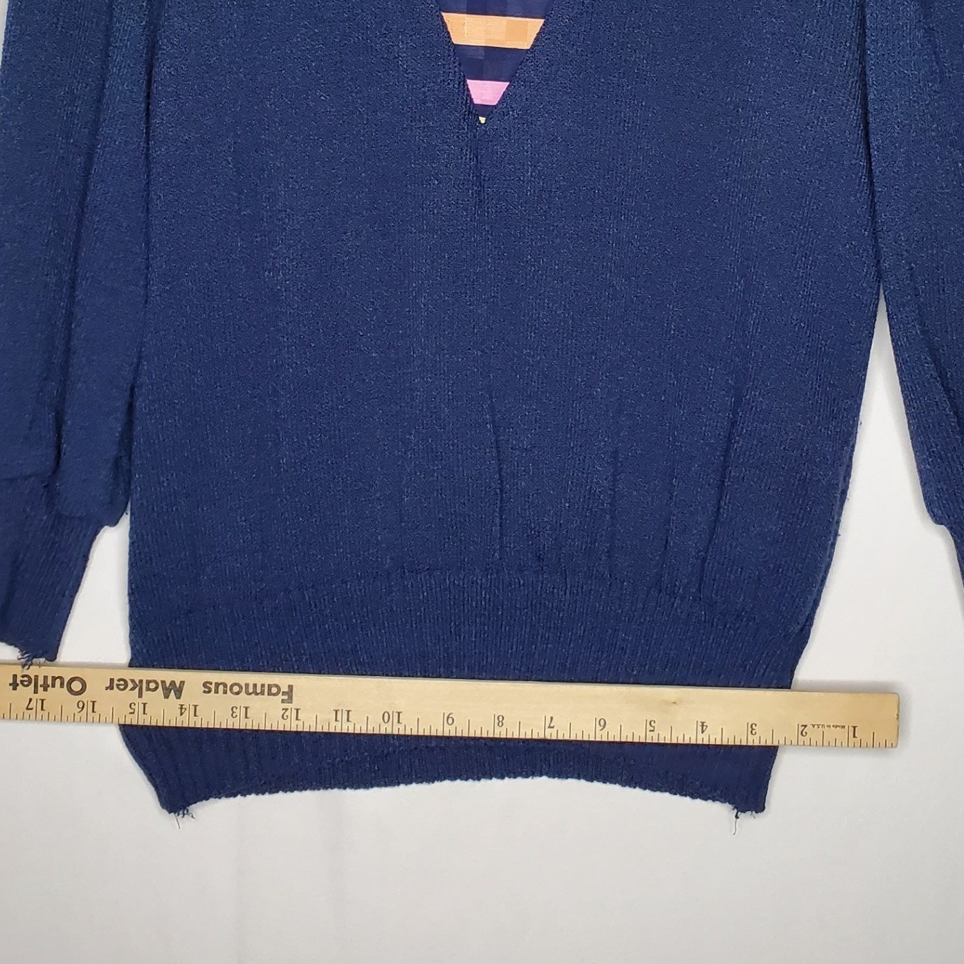 Anthony Sicari Vintage 80s Navy Blue Knit Sweater 10 Striped Inset V-Neck