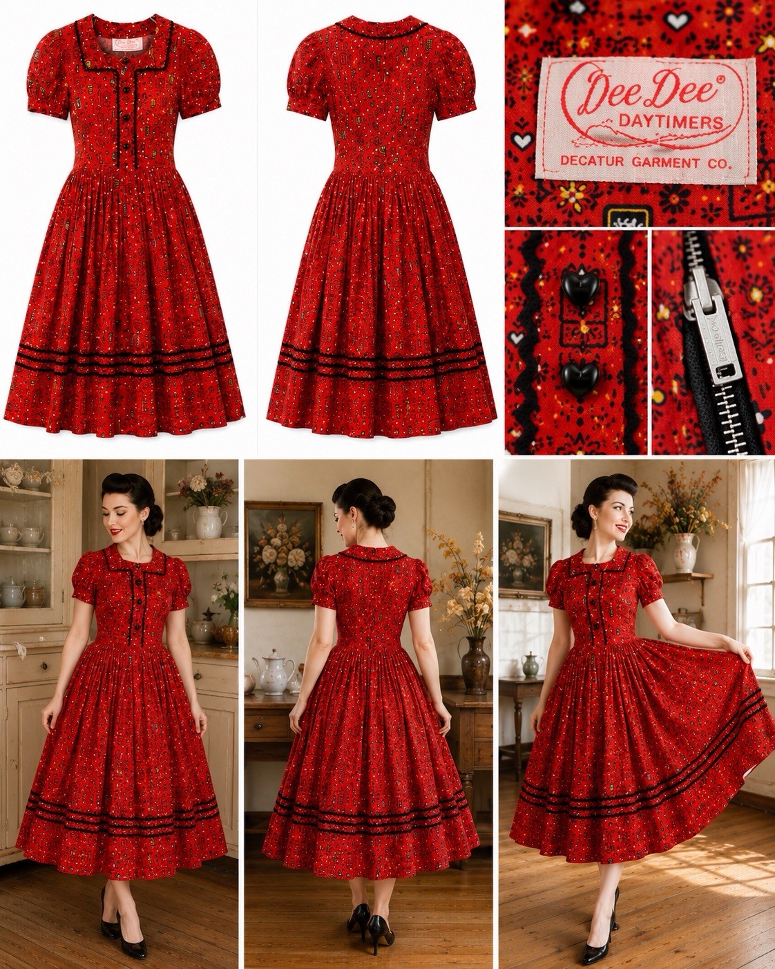 1950s Dee Dee Daytimers Cotton Novelty Print Dress Heart Buttons Folk Art Small