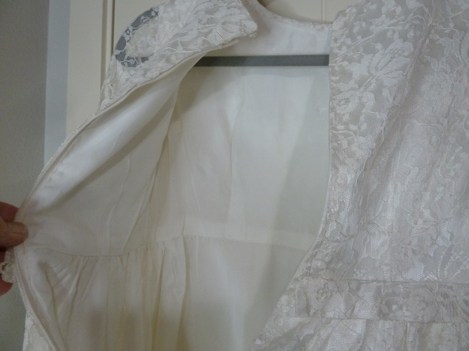 Vintage late 1960s White Satin & Lace Wedding Dress 26″ Empire waist Handmade