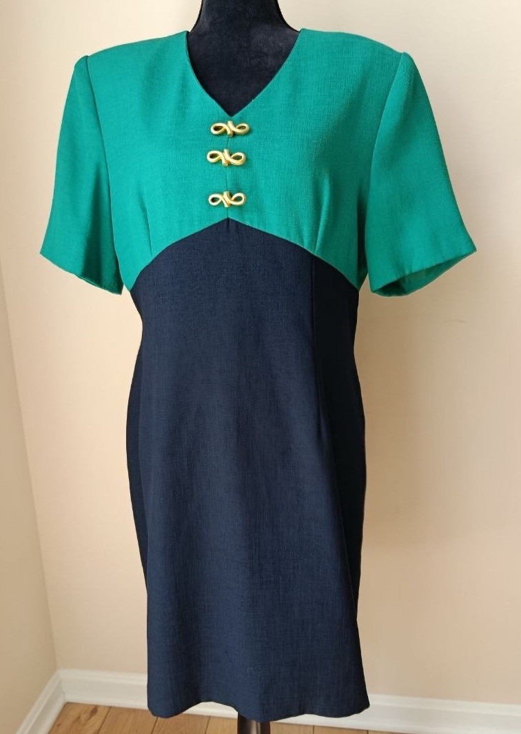 VTG Kasper for ASL Dress 14P Colorblock Gold Accent Short Sleeve Sheath Work