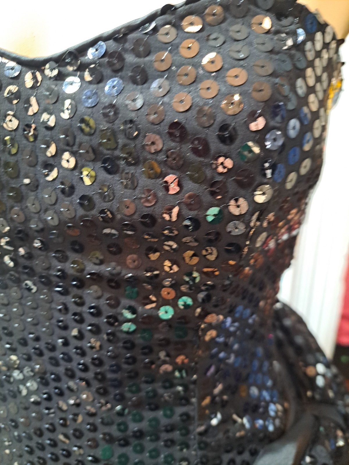 VTG 1980s Black SEQUINED BIG BOW Asymmetrical Hem Strapless PROM PARTY DRESS 5/6