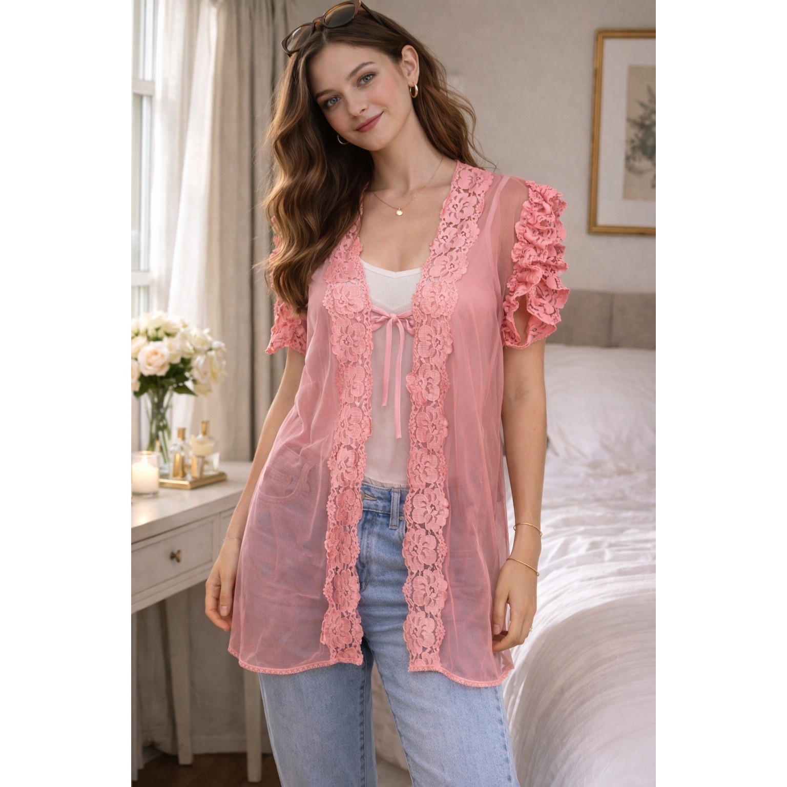 Vintage Alana Gale Intimates Mesh Bed Jacket Coquette Balletcore Pink L