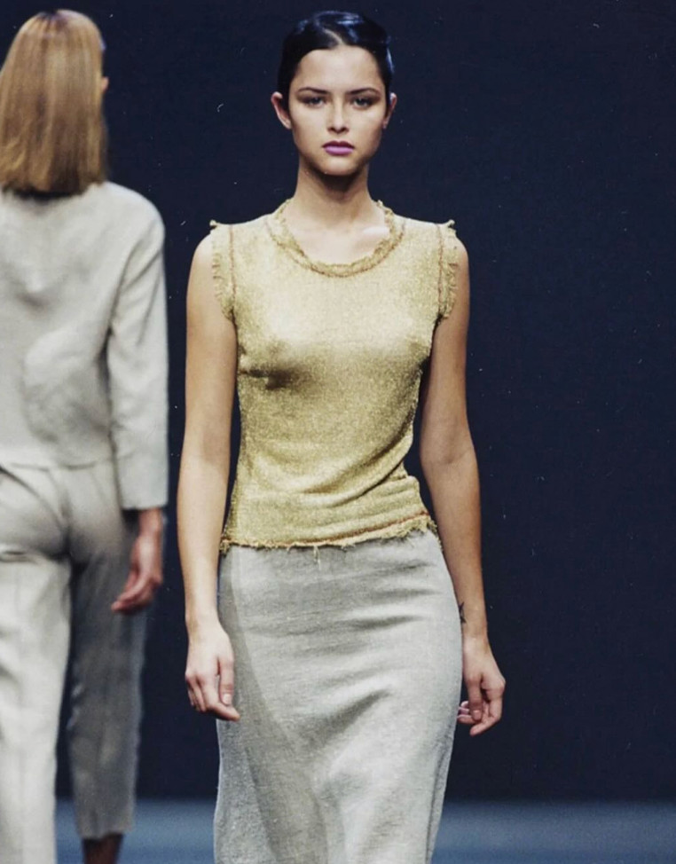 Vintage Prada S/S 1999 Runway Sheer Metallic Gold Tank Top Size 42