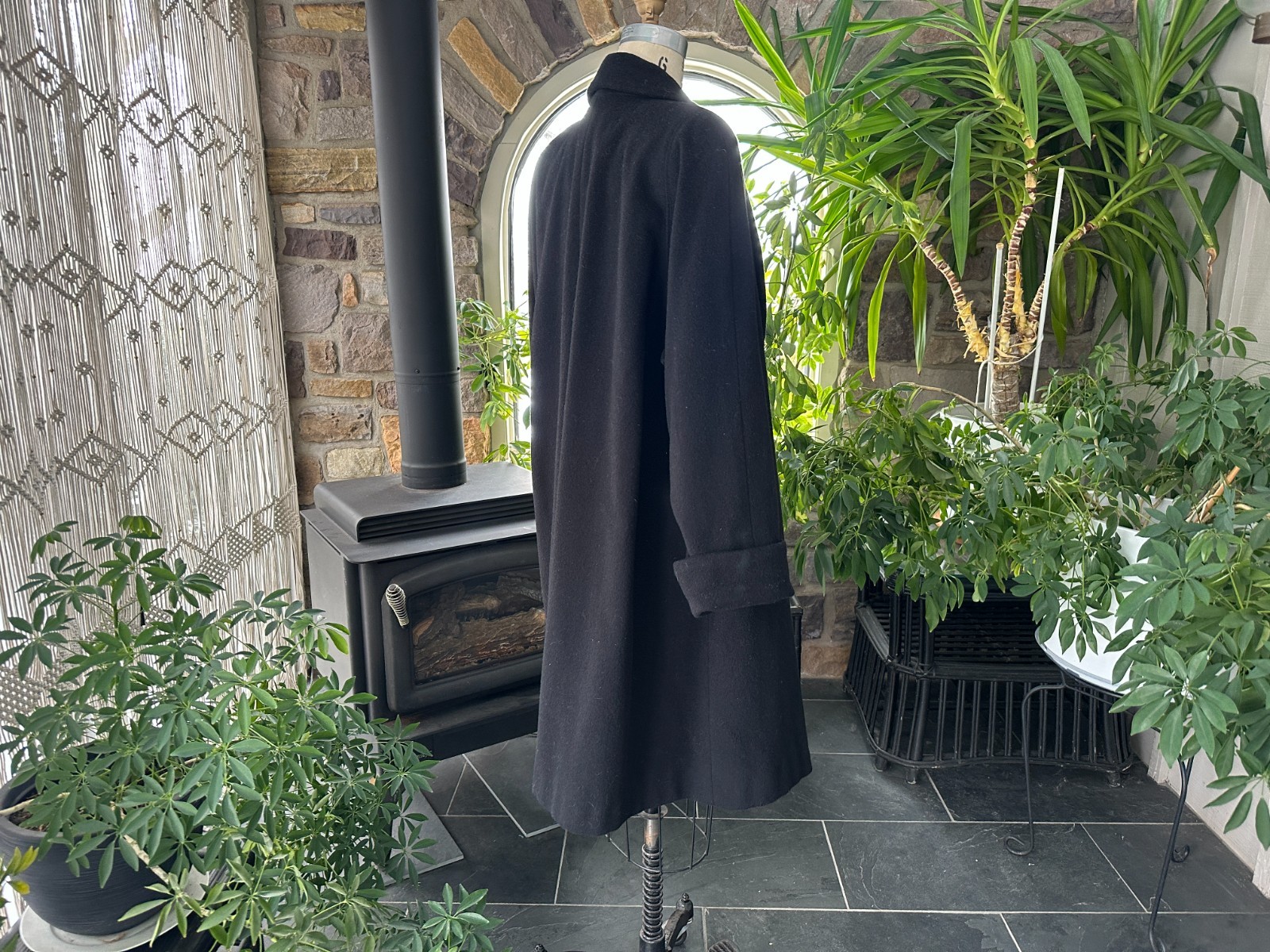 Vintage 1980s Black Wool Blend Open Front Swing Coat Herman Kay