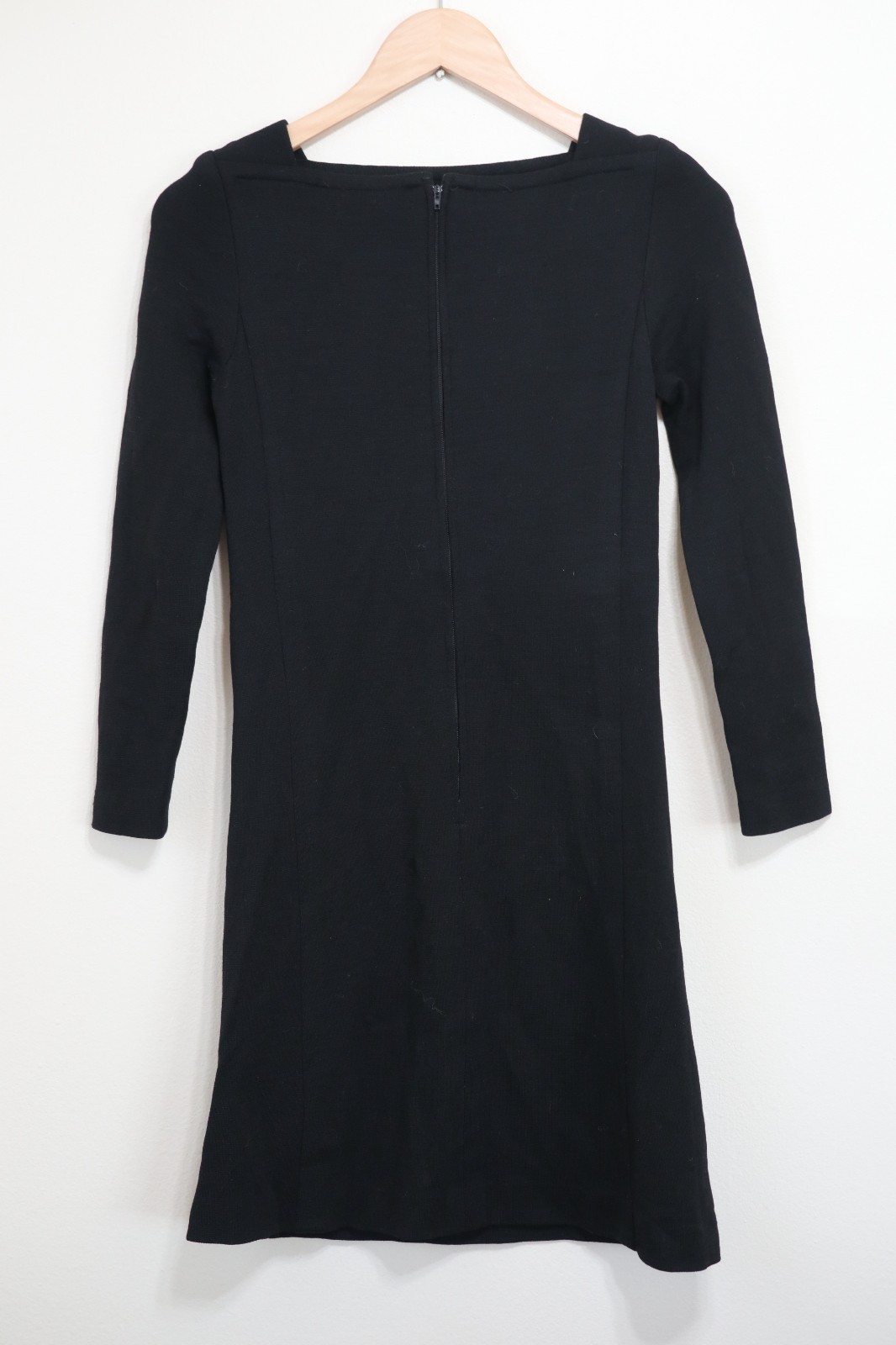 60s Vintage Black Knit Jersey Square Neck Long Sleeve Slim Shift Dress Women XS