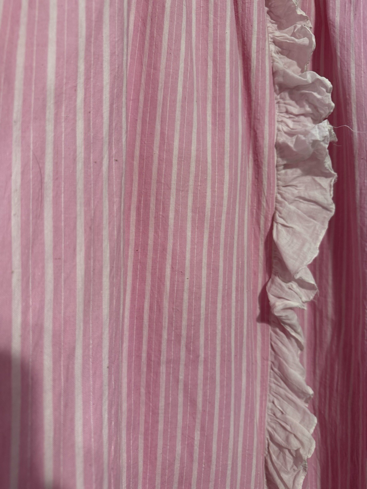 Antique Handmade Pink Striped Dressing Gown Robe In Heavy Cotton With Lace M